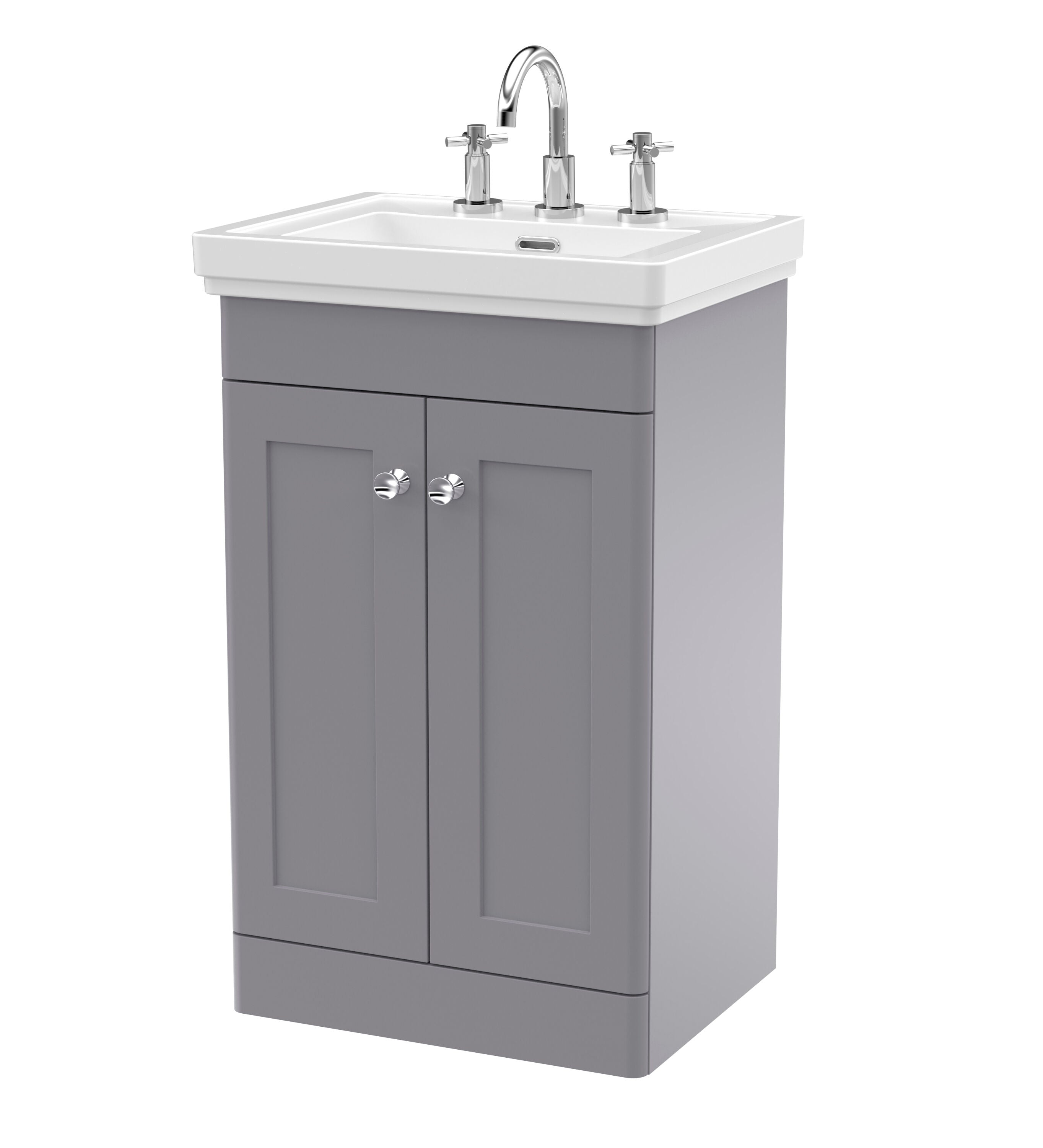 nuie Classique 500mm Satin Grey 2 Door Floor Standing Vanity Unit With 3 Tap Hole Basin