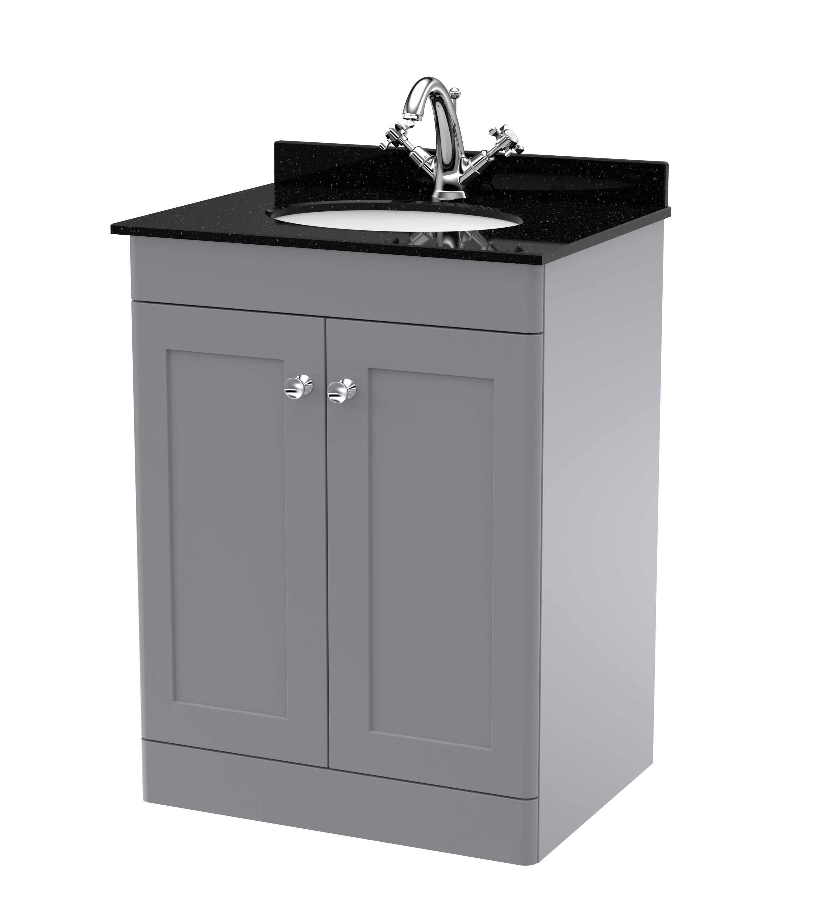 nuie Classique 600mm Satin Grey 2 Door Floor Standing Vanity Unit With 1 Tap Hole Marble Basin