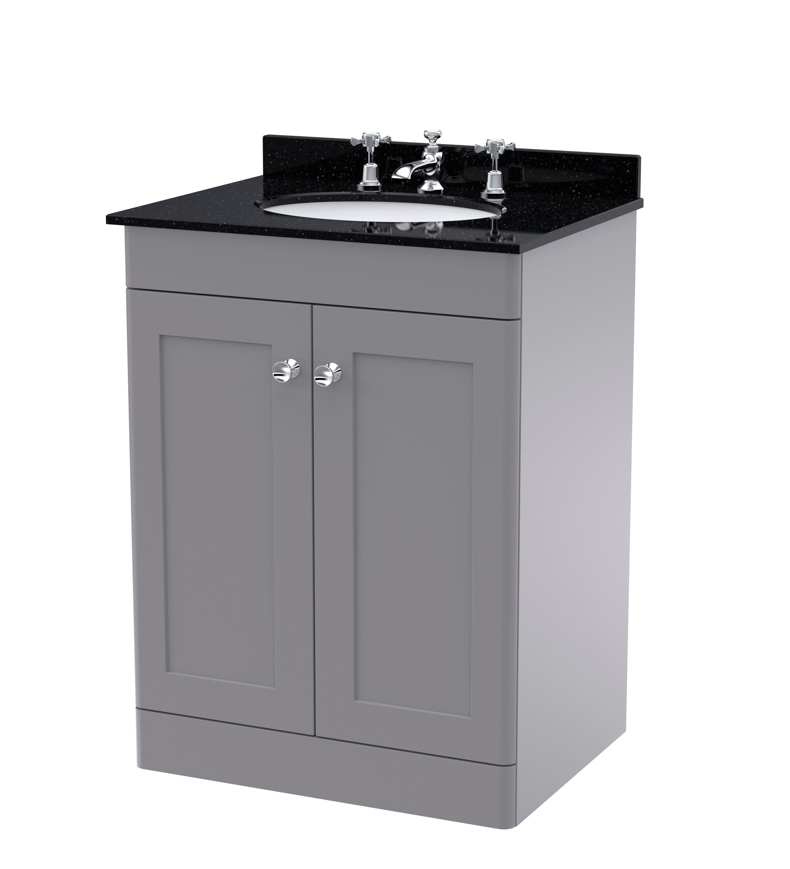 nuie Classique 600mm Satin Grey 2 Door Floor Standing Vanity Unit With 3 Tap Hole Marble Basin