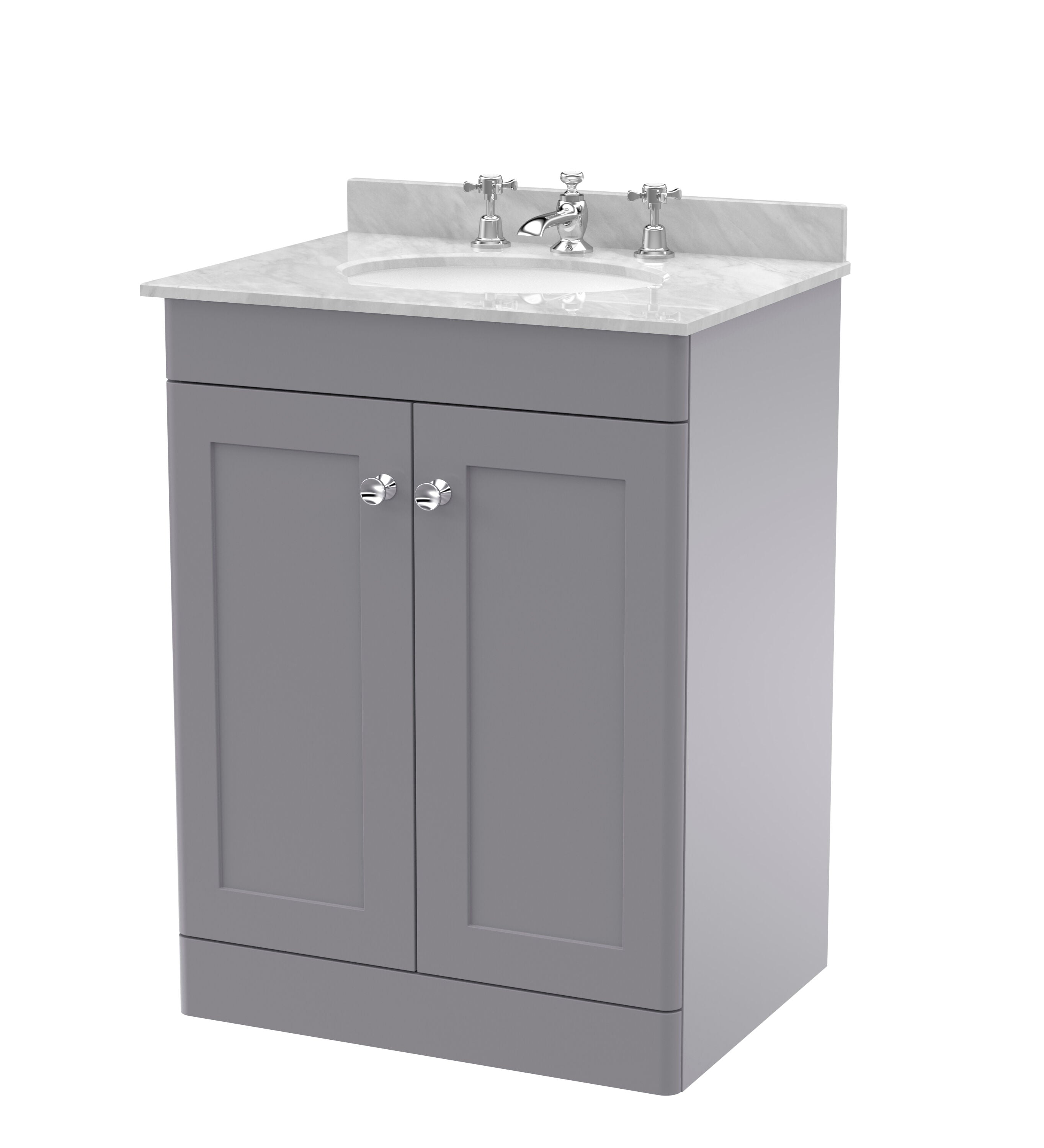 nuie Classique 600mm Satin Grey 2 Door Floor Standing Vanity Unit With 3 Tap Hole Marble Basin