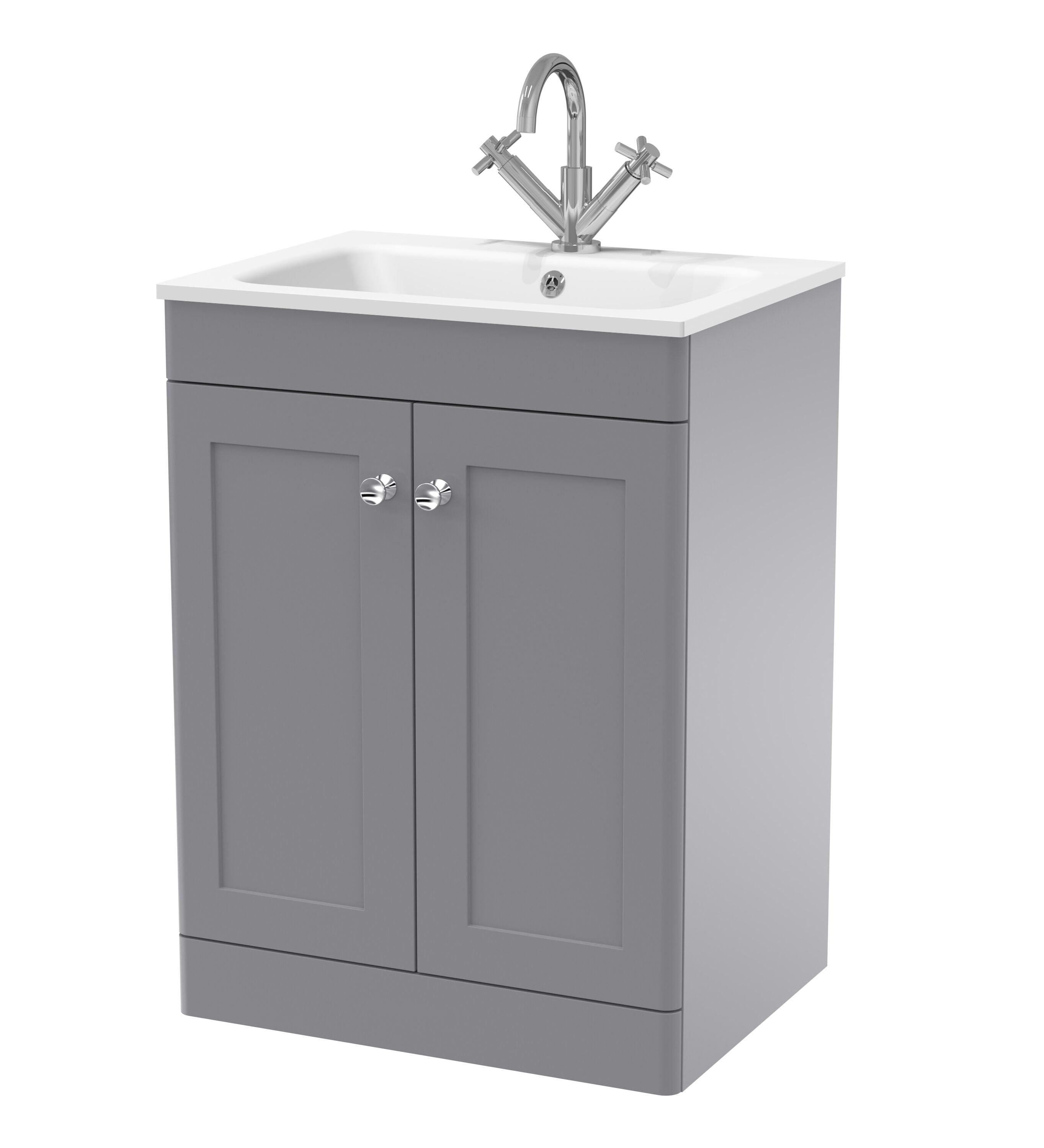 nuie Classique 600mm Satin Grey 2 Door Floor Standing Vanity Unit With 1 Tap Hole Stone Basin