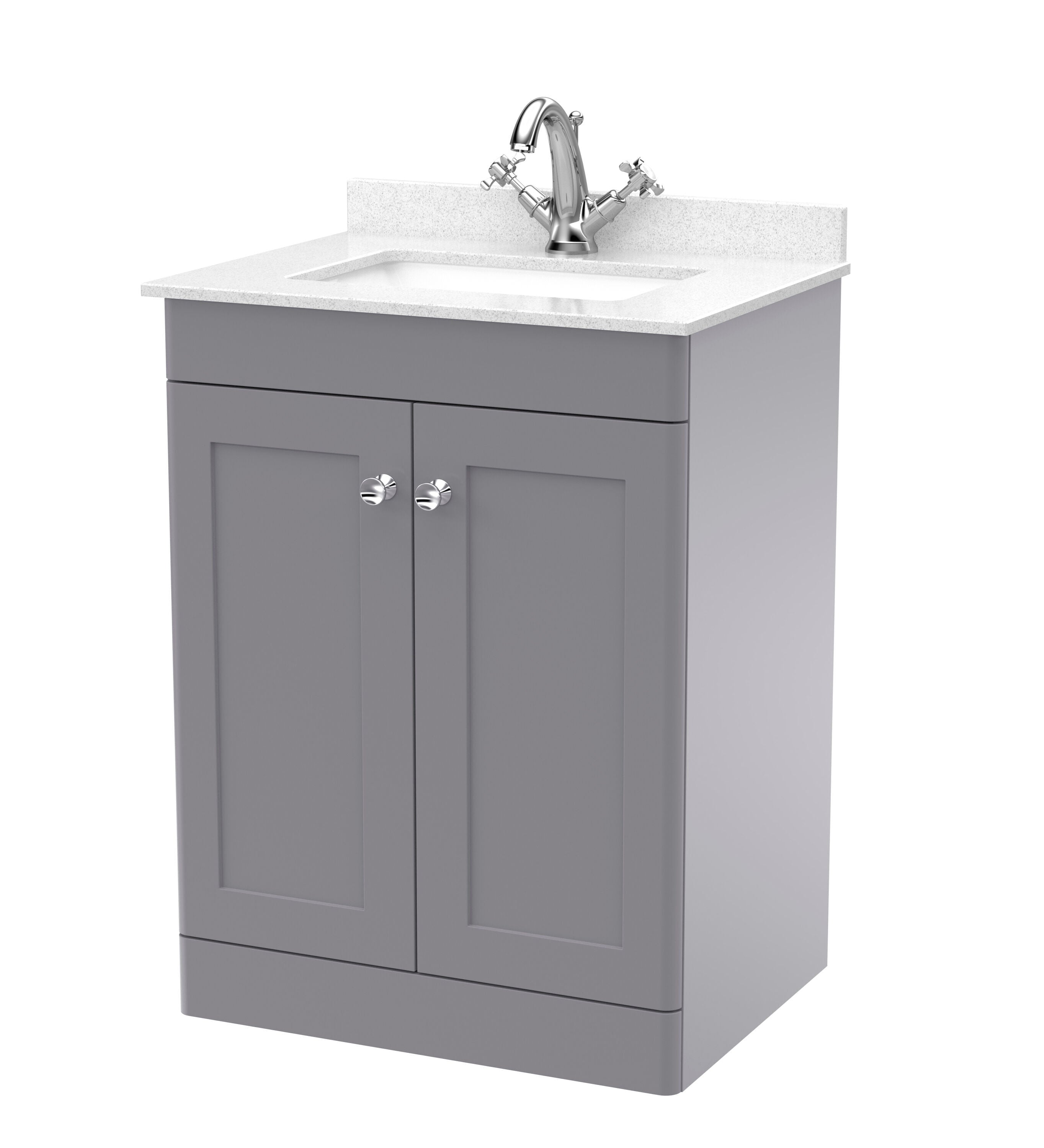 nuie Classique 600mm Satin Grey 2 Door Floor Standing Vanity Unit With 1 Tap Hole Marble Basin