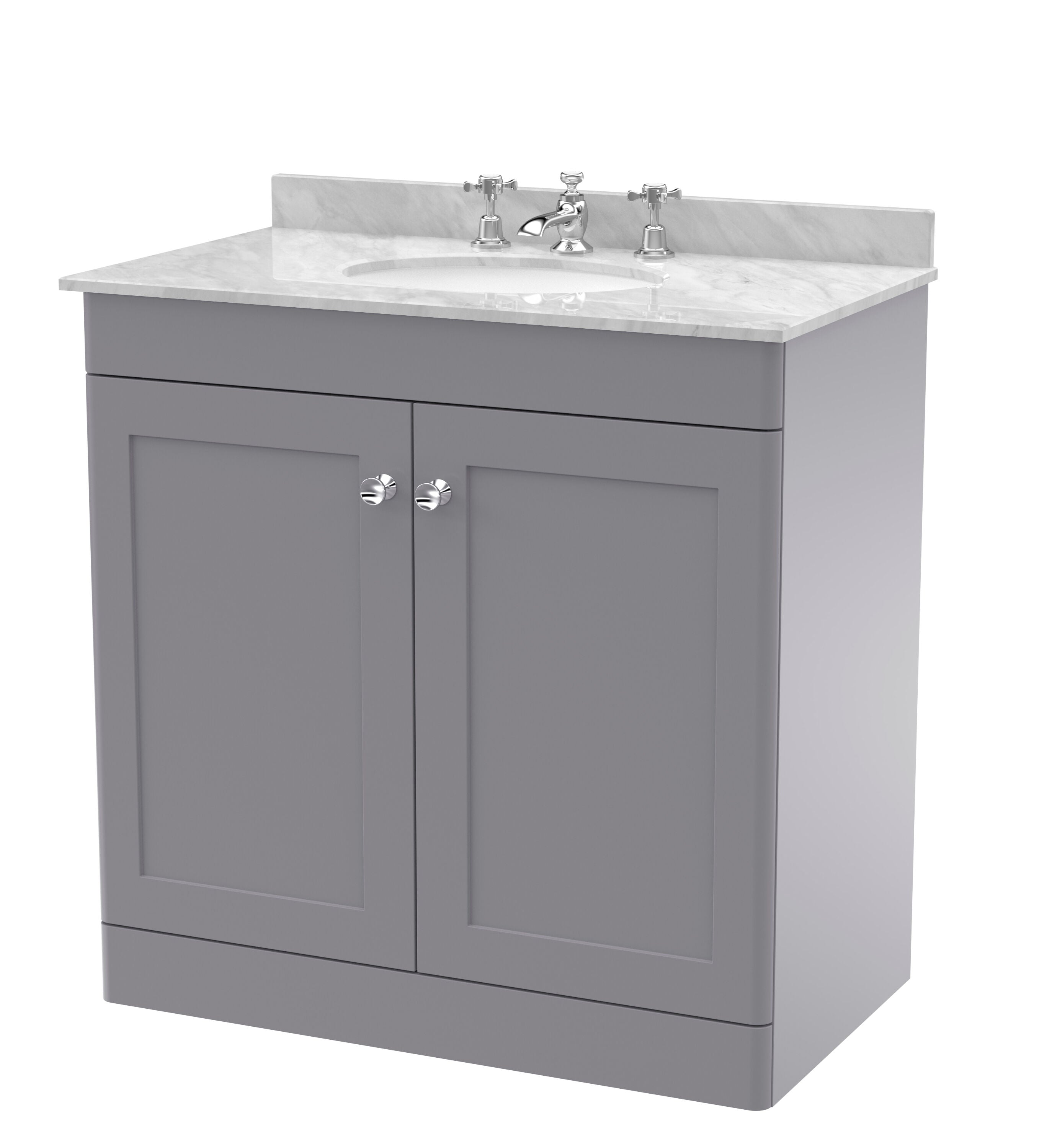 nuie Classique 800mm Satin Grey 2 Door Floor Standing Vanity Unit With 3 Tap Hole Marble Basin