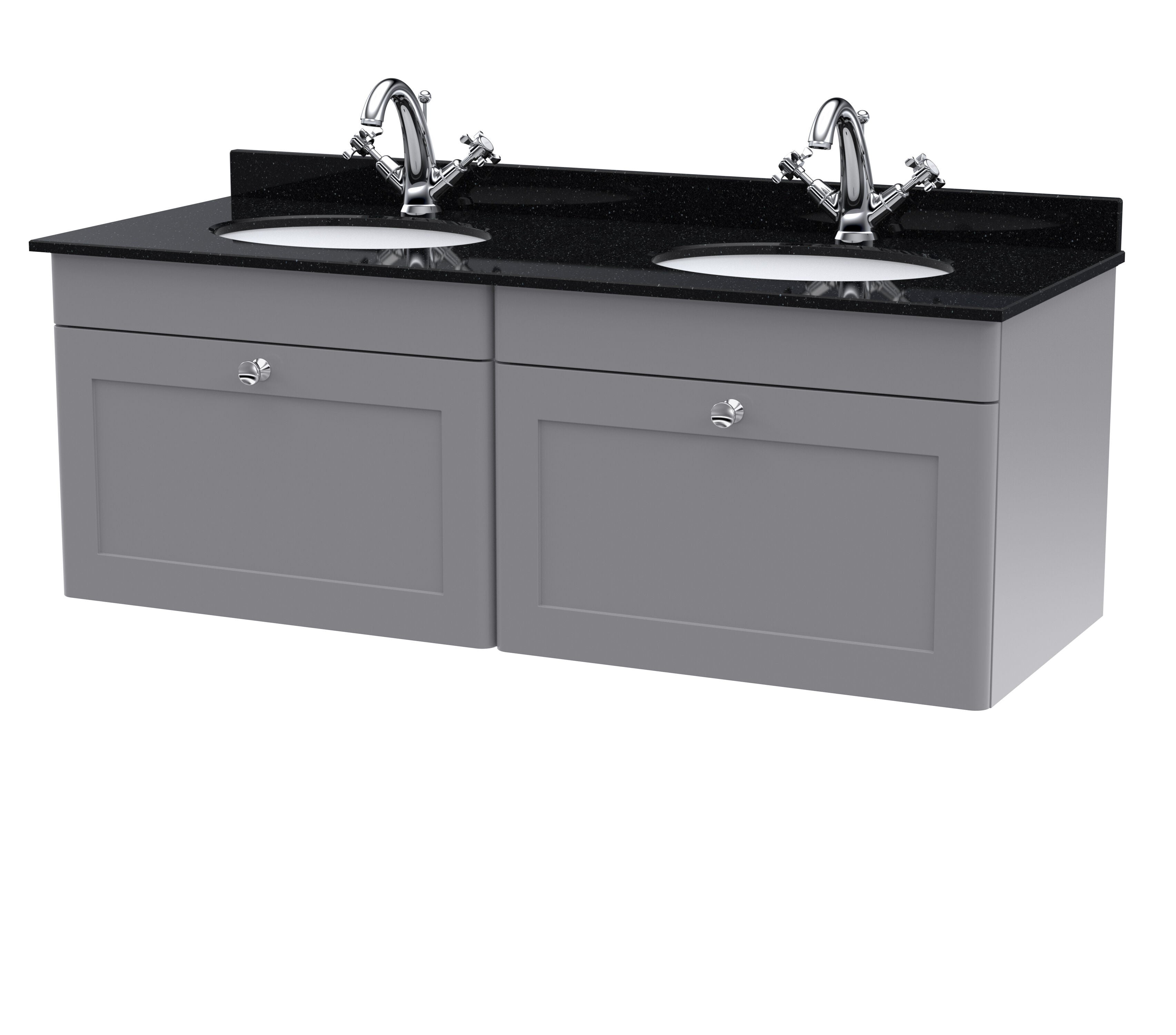 nuie Classique 1200mm Satin Grey 2 Drawer Wall Hung Vanity Unit With 2 Tap Hole Marble Basin