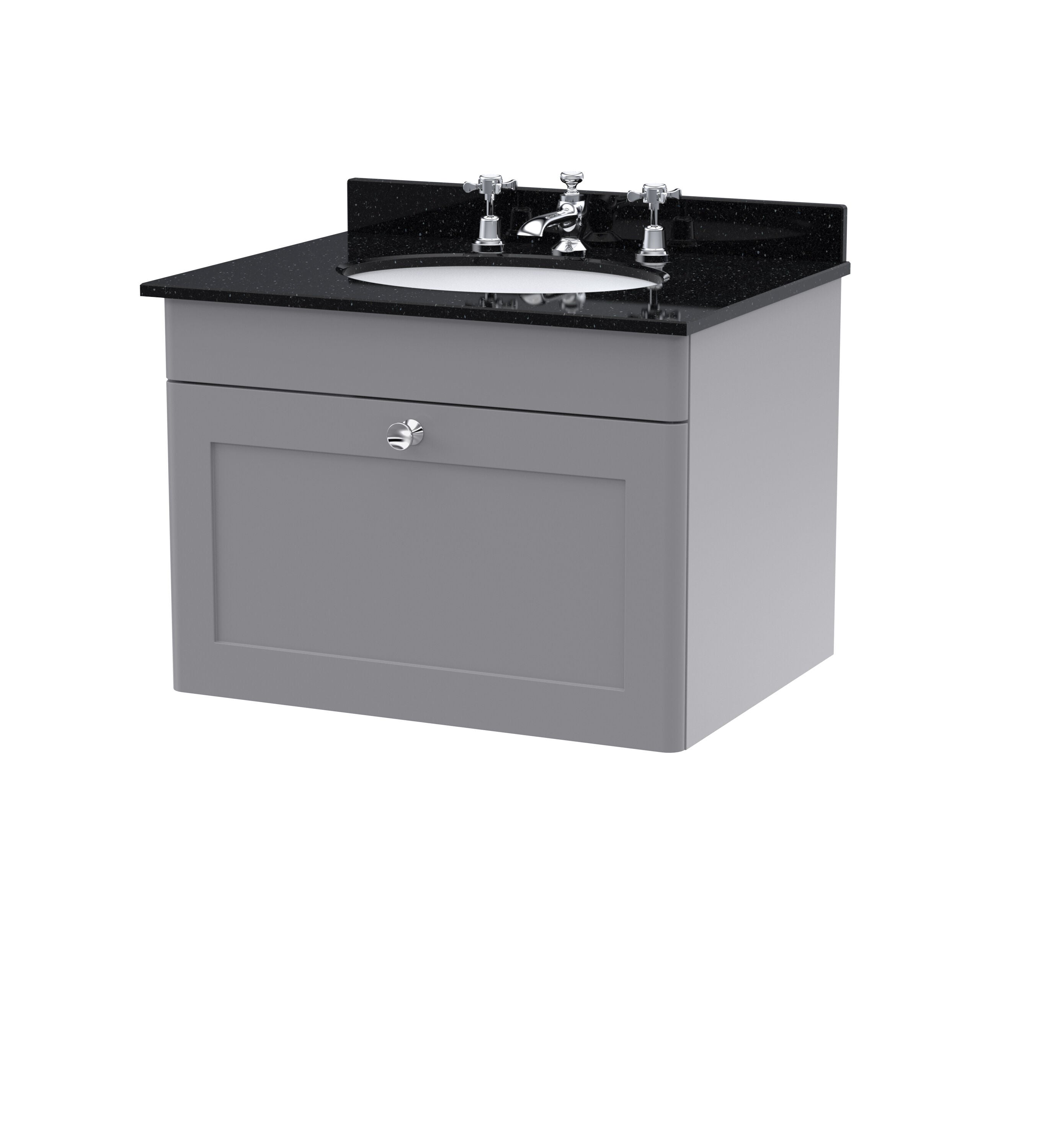 nuie Classique 600mm Satin Grey 1 Drawer Wall Hung Vanity Unit With 3 Tap Hole Marble Basin