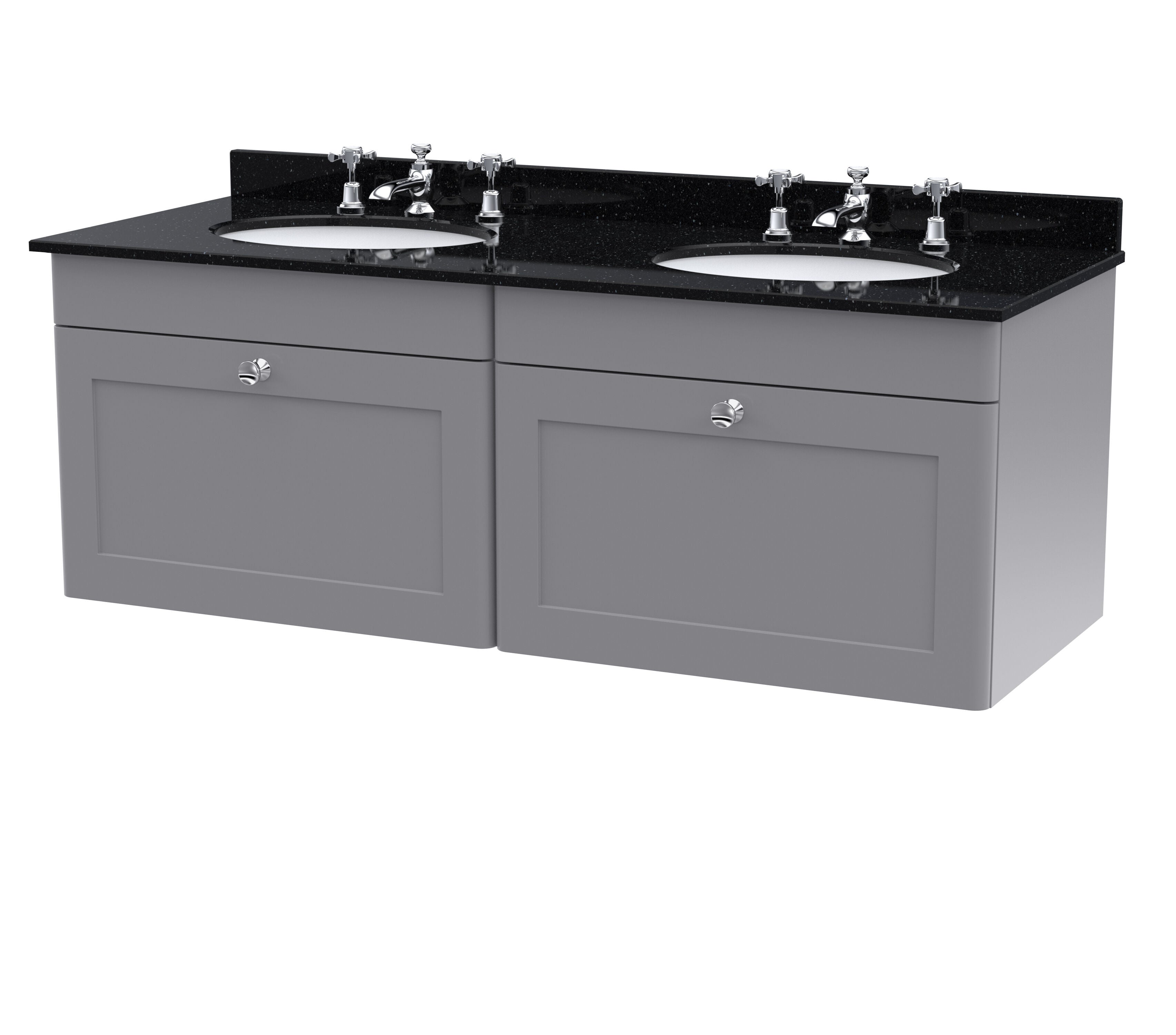 nuie Classique 1200mm Satin Grey 2 Drawer Wall Hung Vanity Unit With 6 Tap Hole Marble Basin