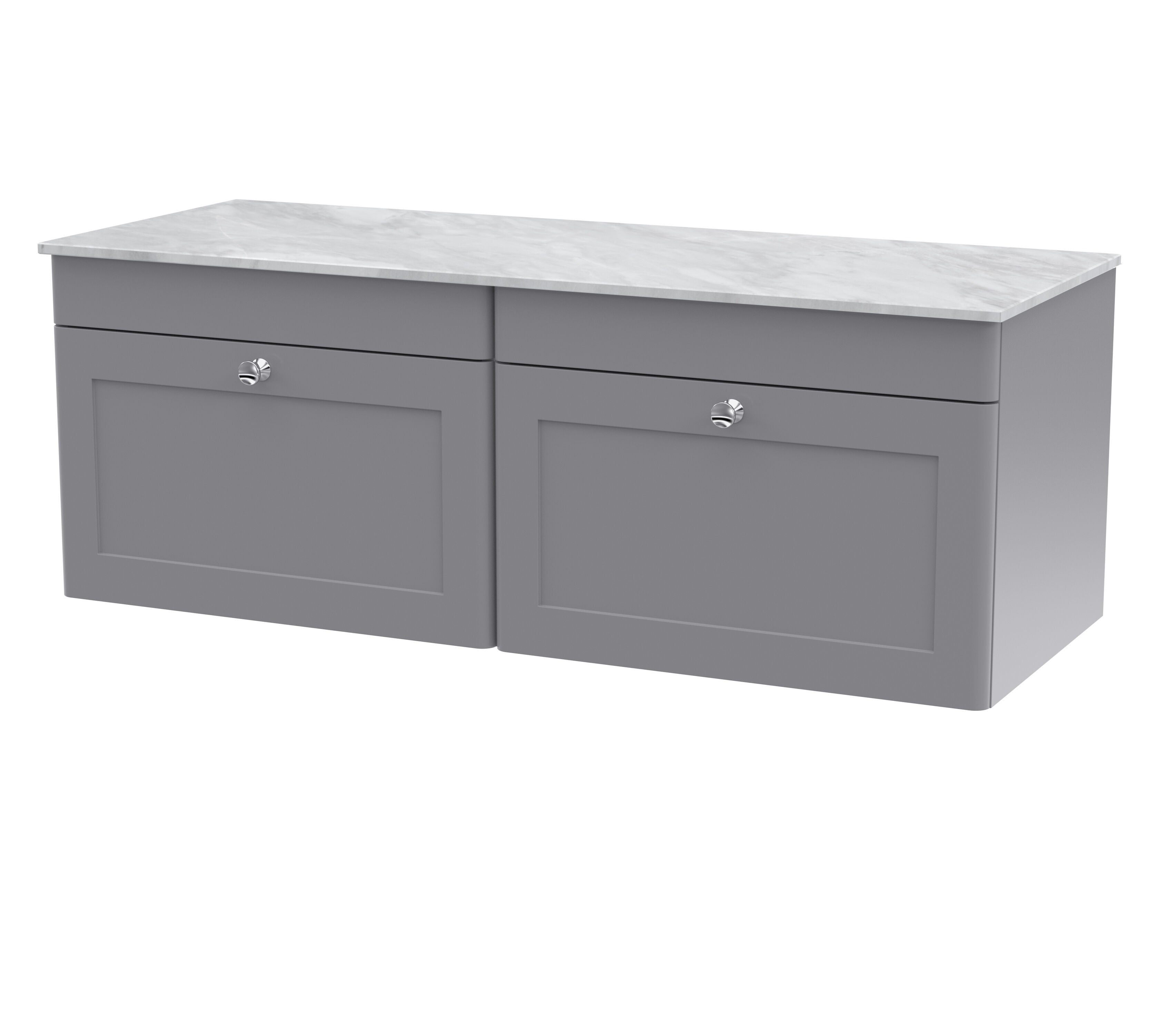nuie Classique 1200mm Satin Grey 2 Drawer Wall Hung Vanity Unit With Grey Marble Worktop