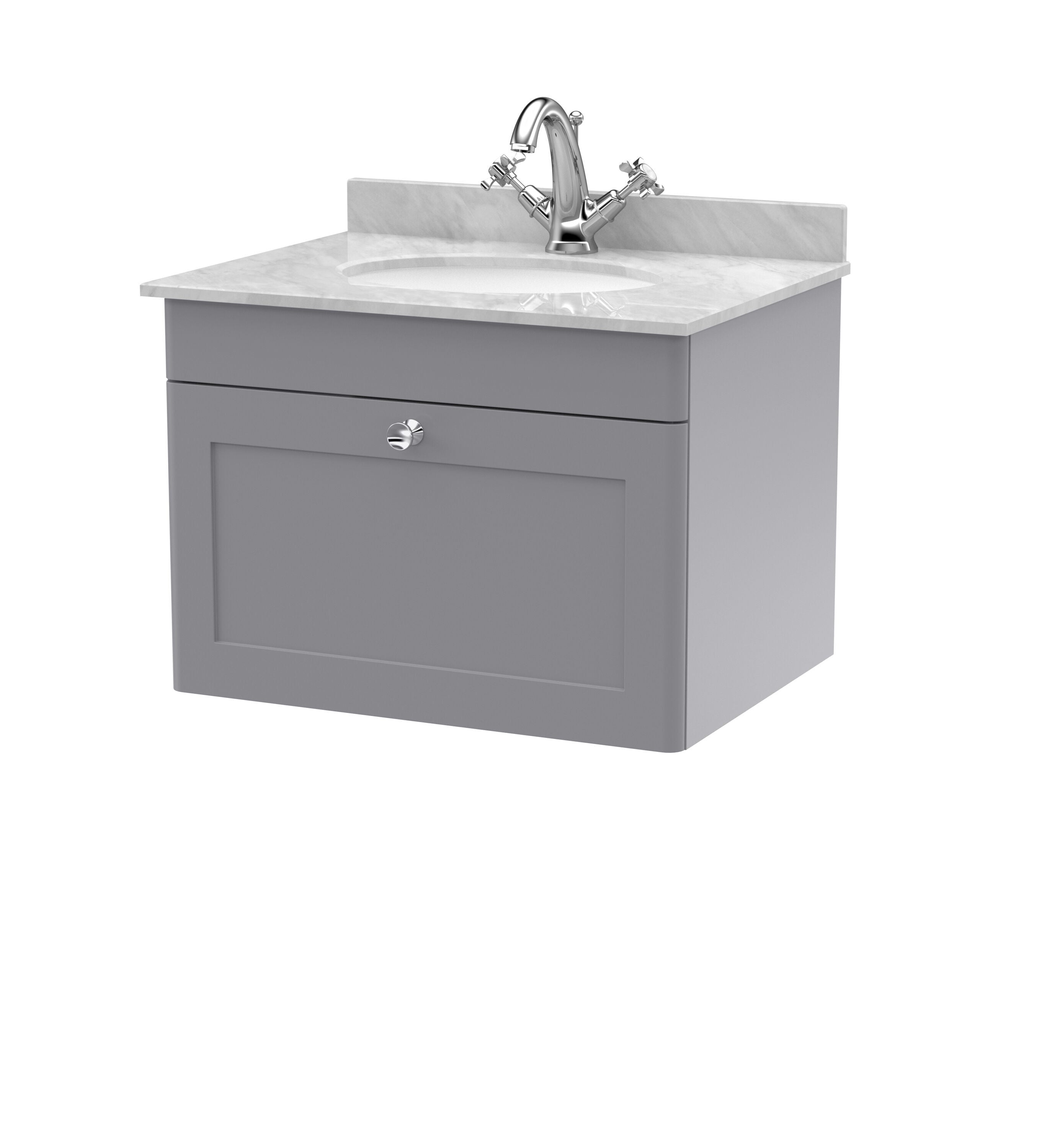 nuie Classique 600mm Satin Grey 1 Drawer Wall Hung Vanity Unit With 1 Tap Hole Marble Basin