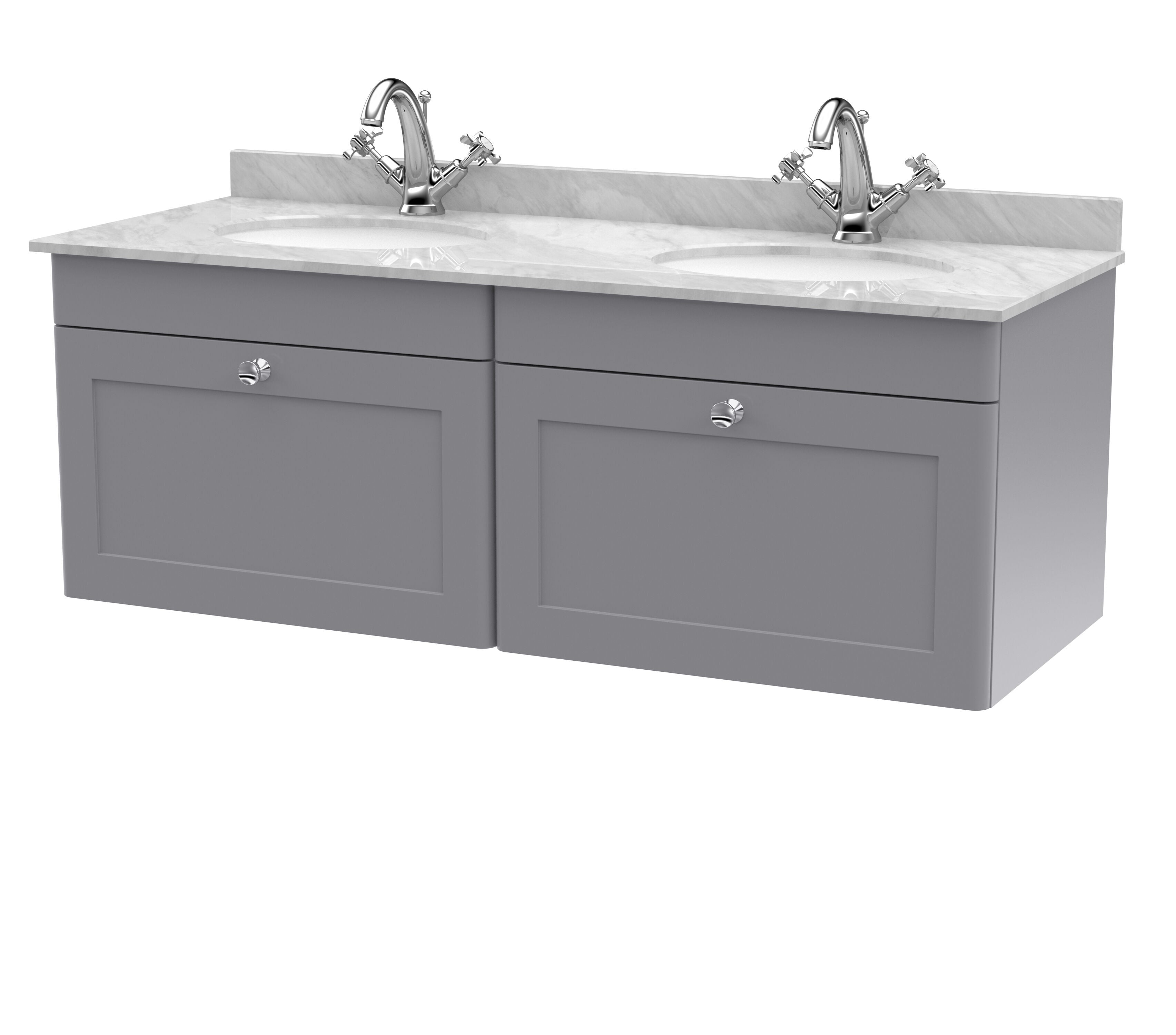 nuie Classique 1200mm Satin Grey 2 Drawer Wall Hung Vanity Unit With 2 Tap Hole Marble Basin