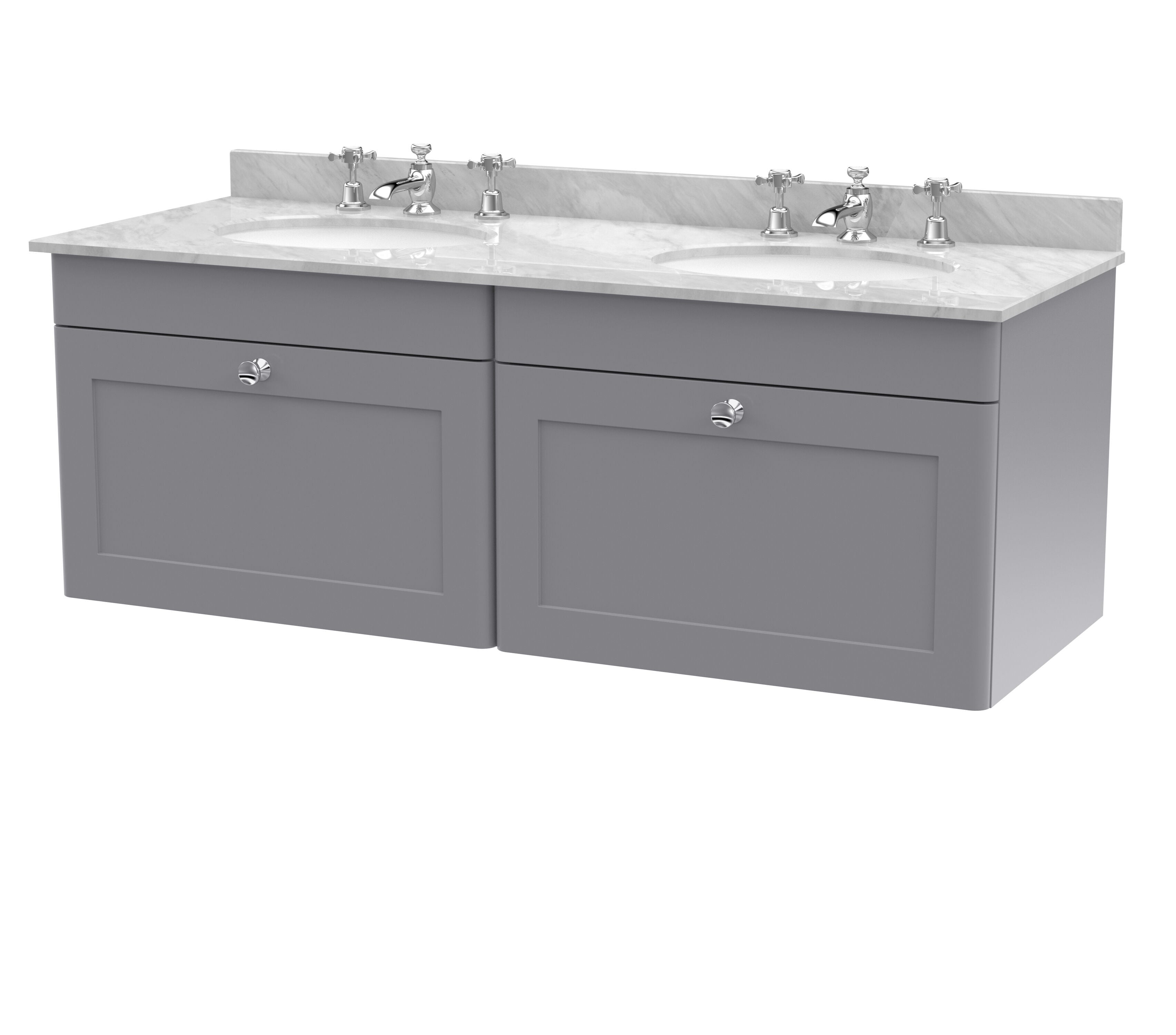 nuie Classique 1200mm Satin Grey 2 Drawer Wall Hung Vanity Unit With 6 Tap Hole Marble Basin