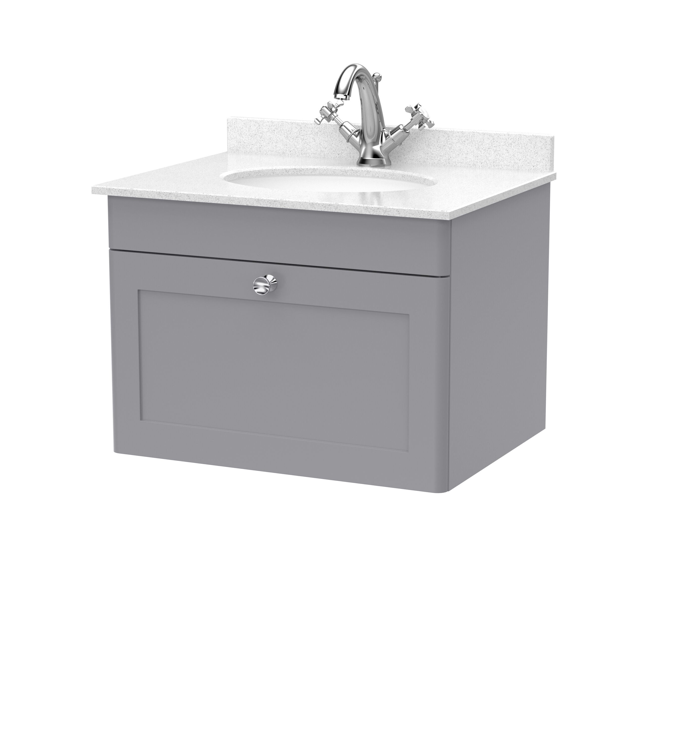 nuie Classique 600mm Satin Grey 1 Drawer Wall Hung Vanity Unit With 1 Tap Hole Marble Basin