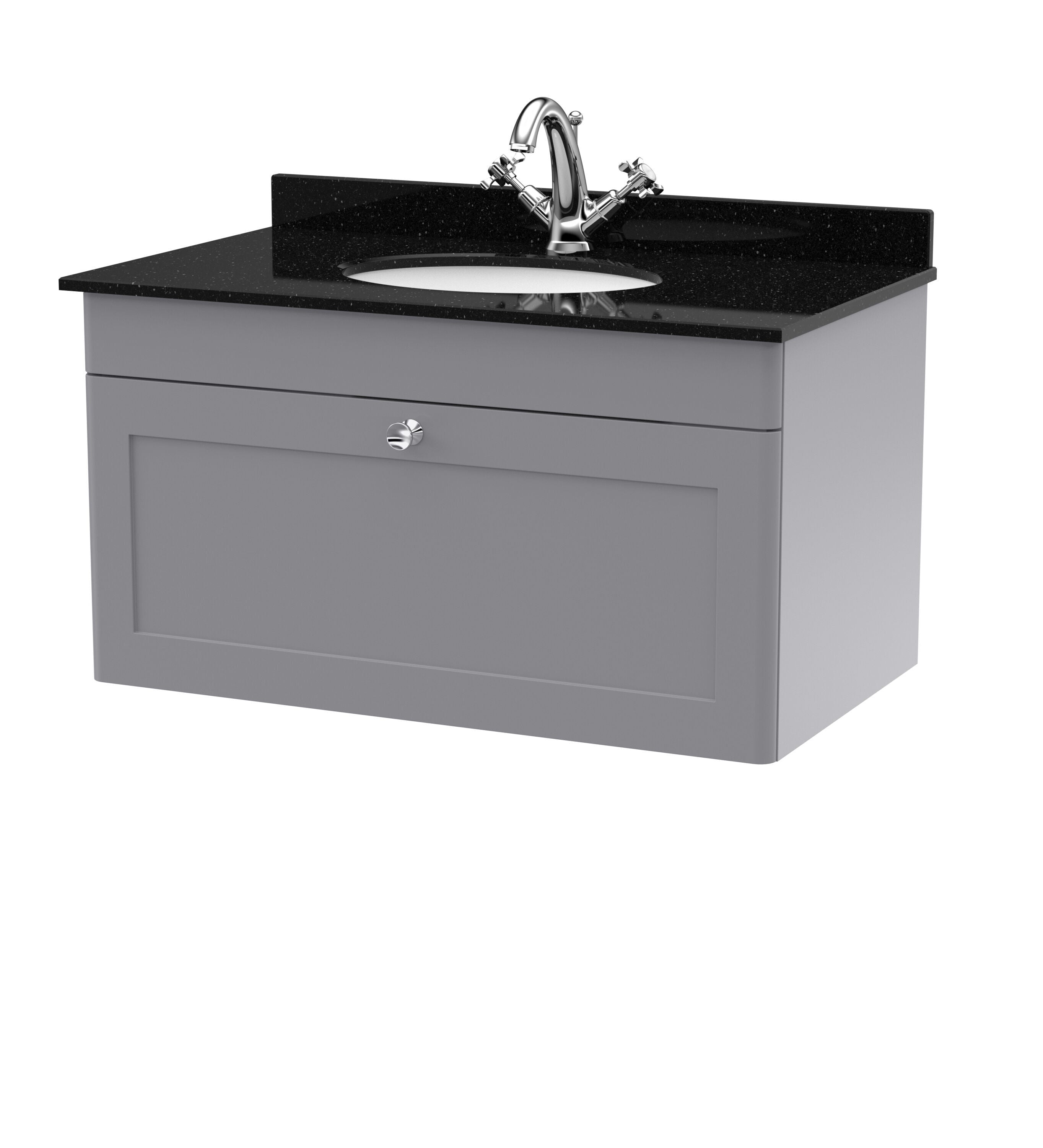 nuie Classique 800mm Satin Grey 1 Drawer Wall Hung Vanity Unit With 1 Tap Hole Marble Basin