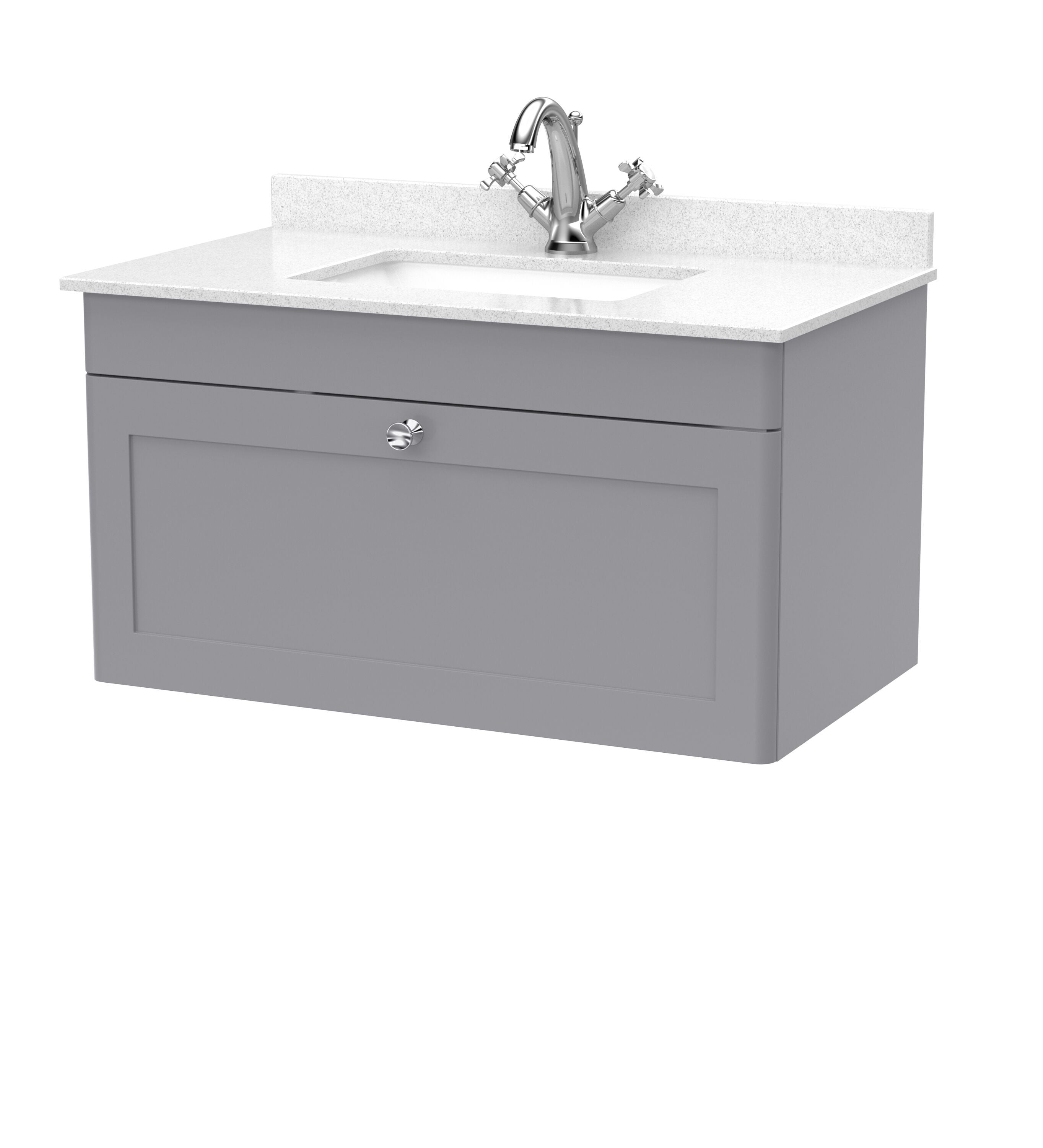 nuie Classique 800mm Satin Grey 1 Drawer Wall Hung Vanity Unit With 1 Tap Hole Marble Basin