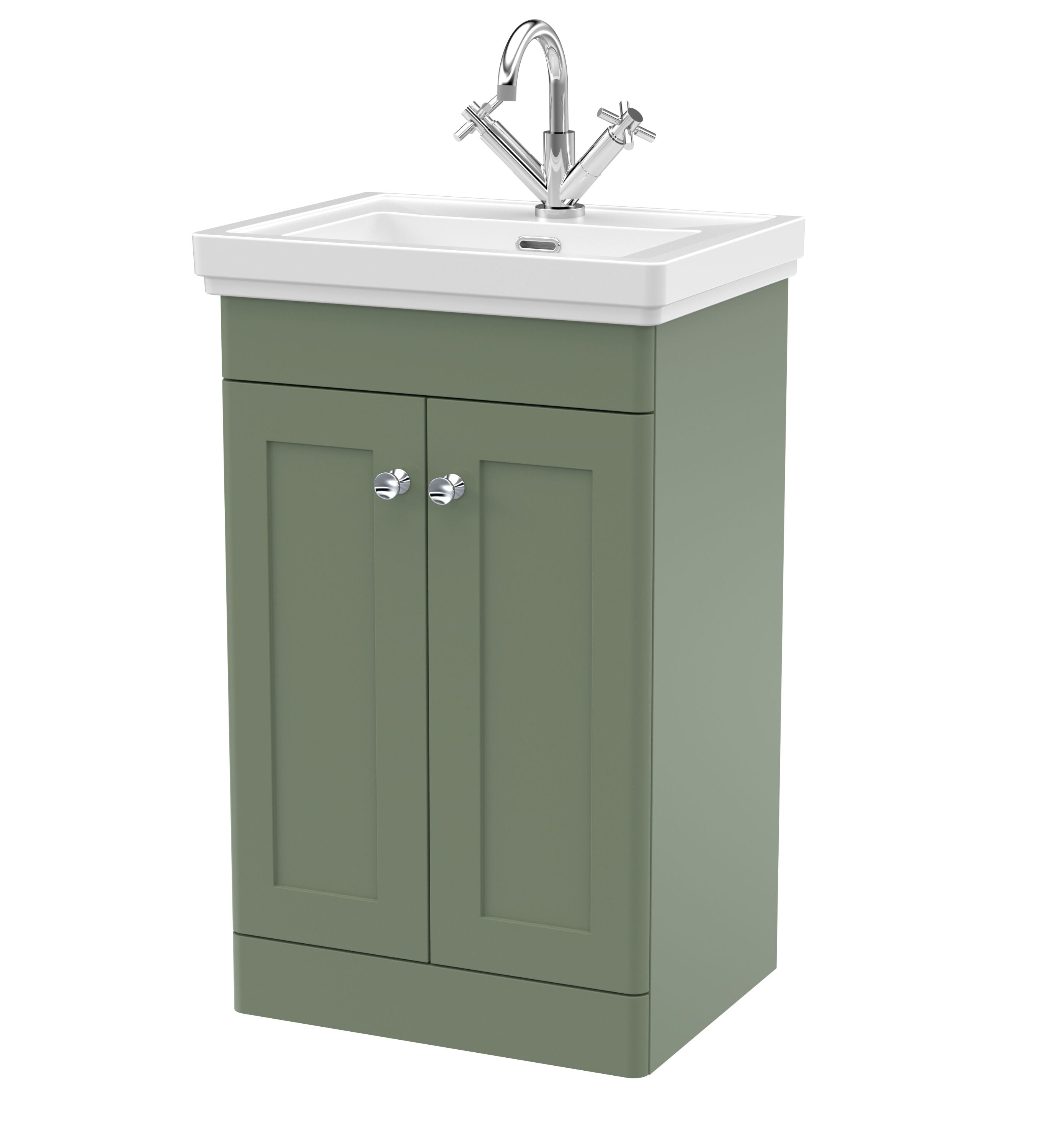 nuie Classique 500mm Satin Green 2 Door Floor Standing Vanity Unit With 1 Tap Hole Basin