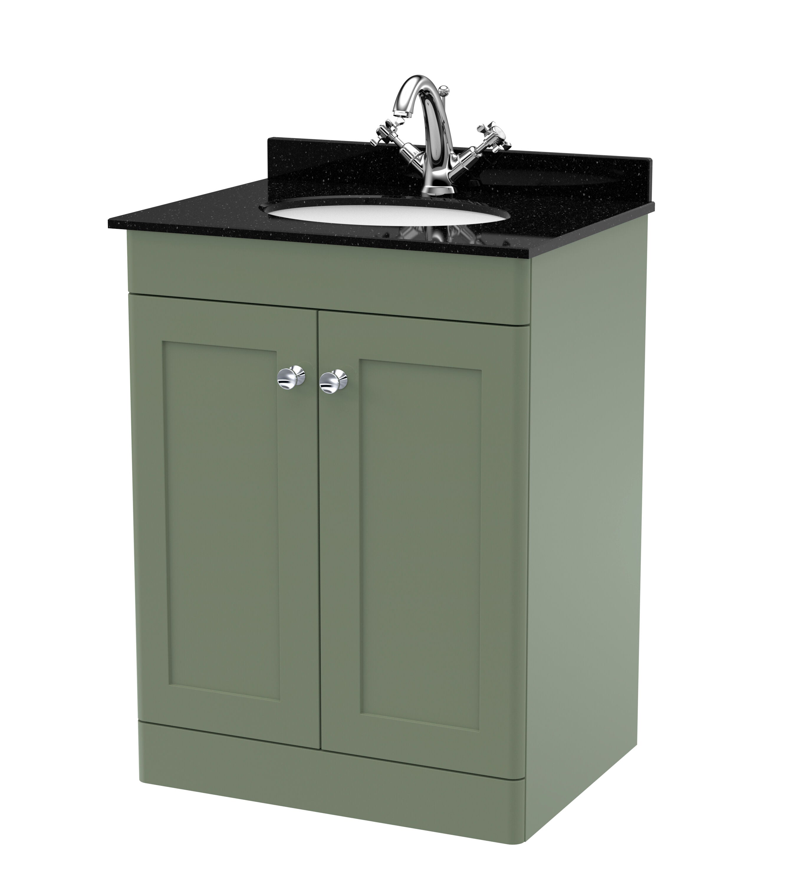 nuie Classique 600mm Satin Green 2 Door Floor Standing Vanity Unit With 1 Tap Hole Marble Basin