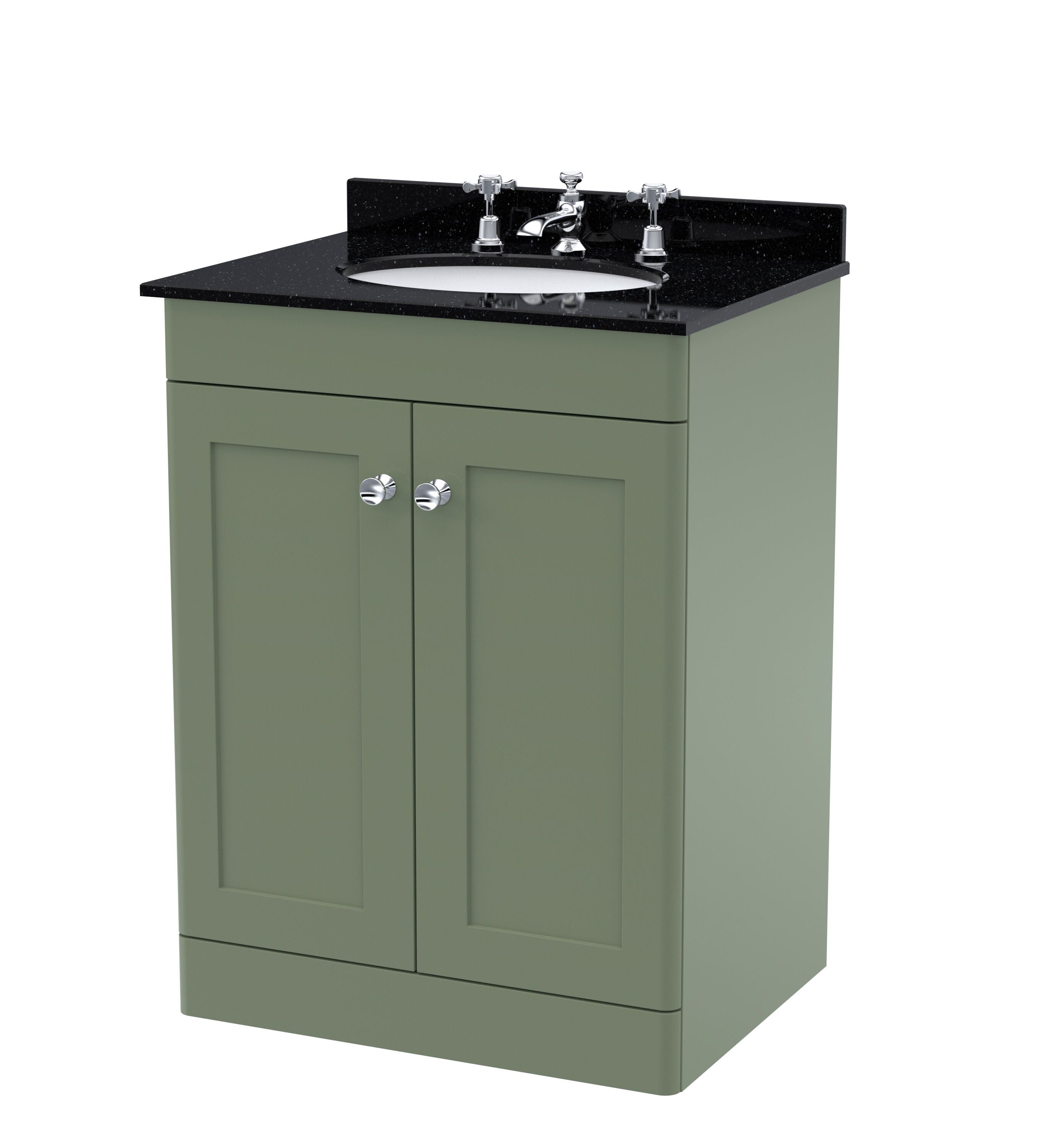 nuie Classique 600mm Satin Green 2 Door Floor Standing Vanity Unit With 3 Tap Hole Marble Basin