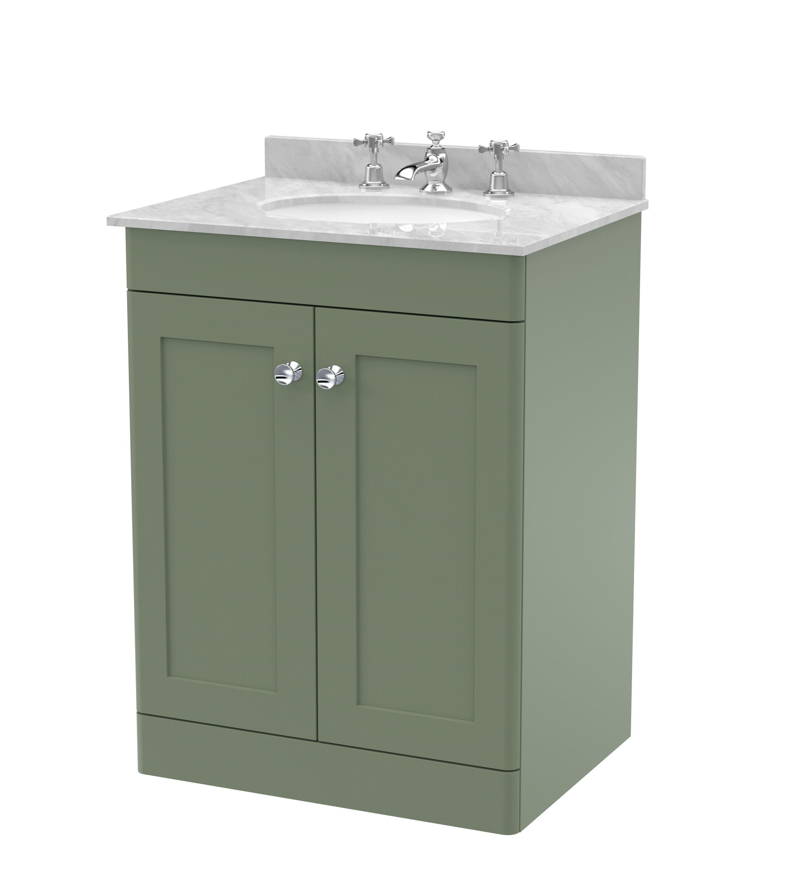 nuie Classique 600mm Satin Green 2 Door Floor Standing Vanity Unit With 3 Tap Hole Marble Basin