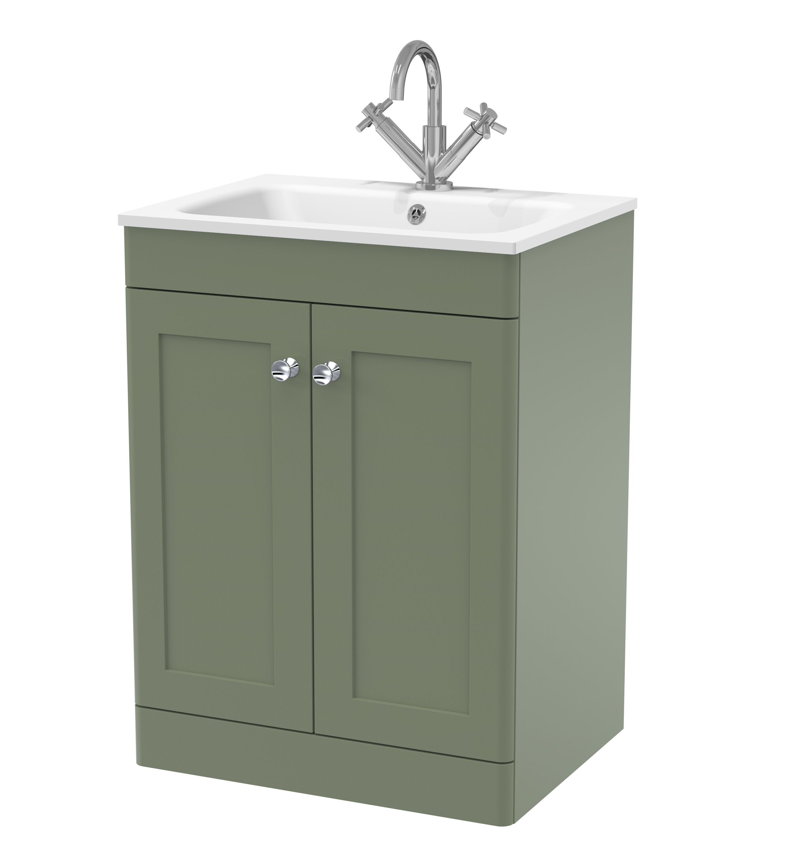 nuie Classique 600mm Satin Green 2 Door Floor Standing Vanity Unit With 1 Tap Hole Stone Basin