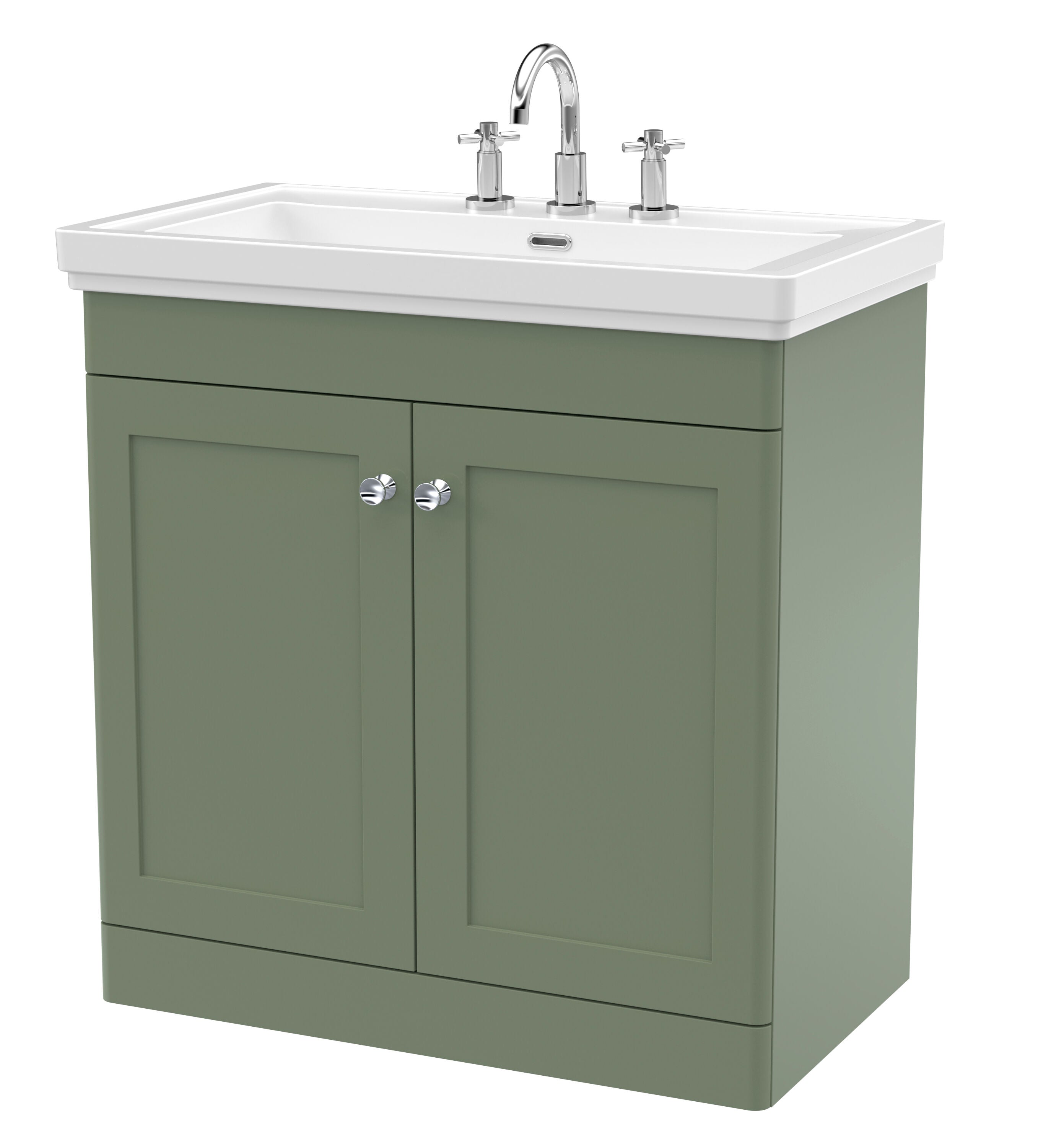 nuie Classique 800mm Satin Green 2 Door Floor Standing Vanity Unit With 3 Tap Hole Basin
