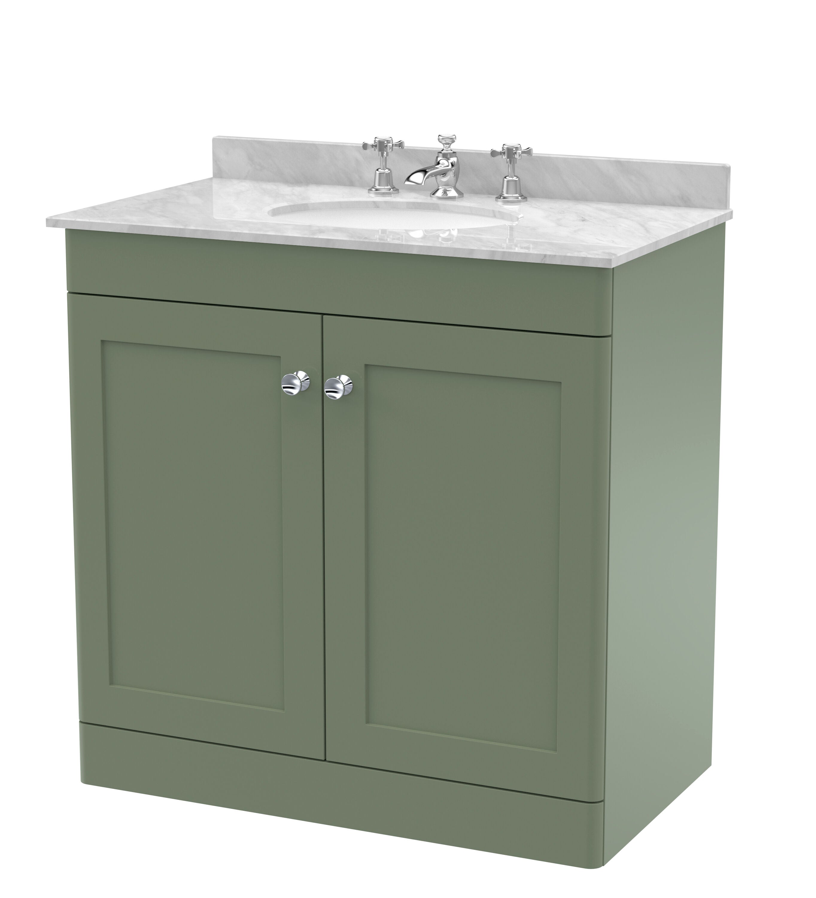nuie Classique 800mm Satin Green 2 Door Floor Standing Vanity Unit With 3 Tap Hole Marble Basin