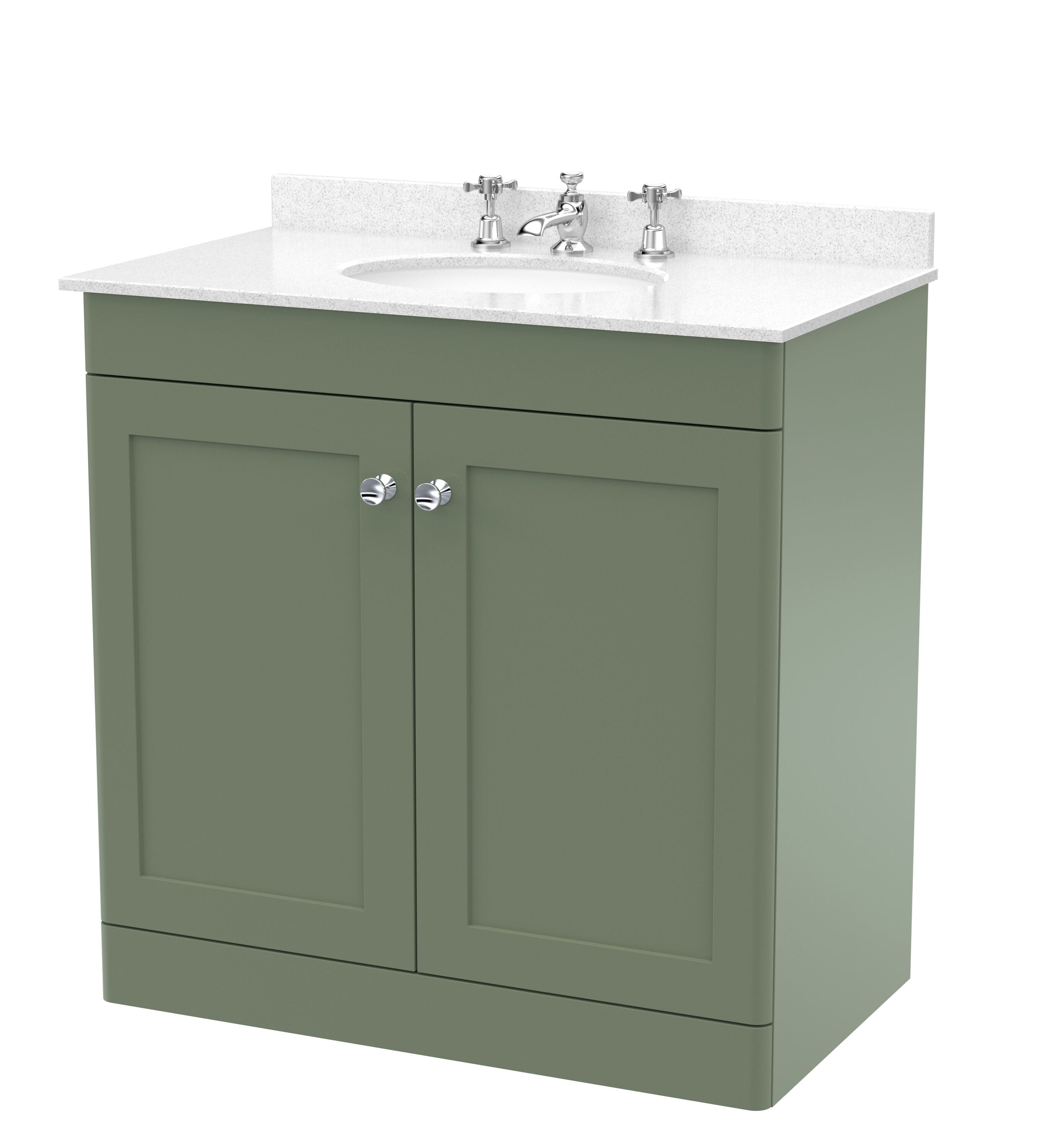 nuie Classique 800mm Satin Green 2 Door Floor Standing Vanity Unit With 3 Tap Hole Marble Basin