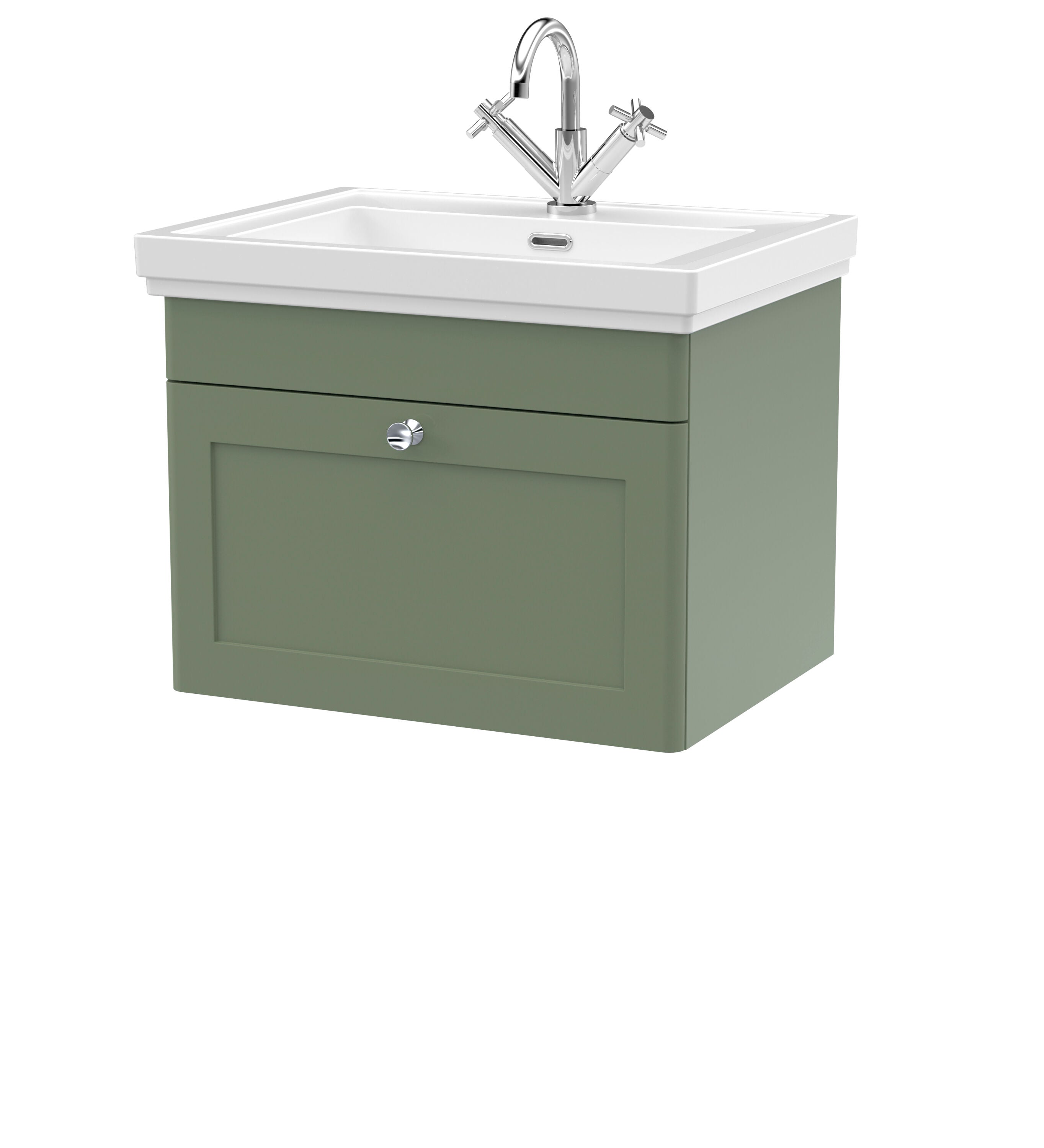 nuie Classique 600mm Satin Green 1 Drawer Wall Hung Vanity Unit With 1 Tap Hole Basin With Ceramic Basin