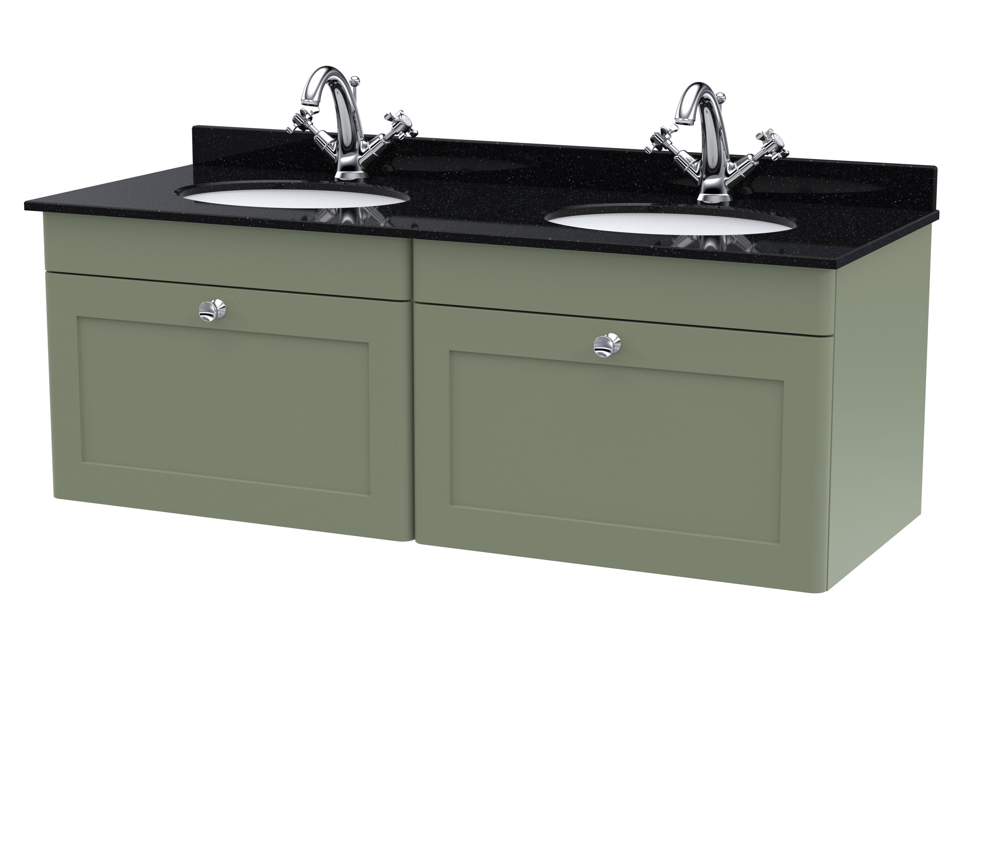 nuie Classique 1200mm Satin Green 2 Drawer Wall Hung Vanity Unit With 2 Tap Hole Marble Basin