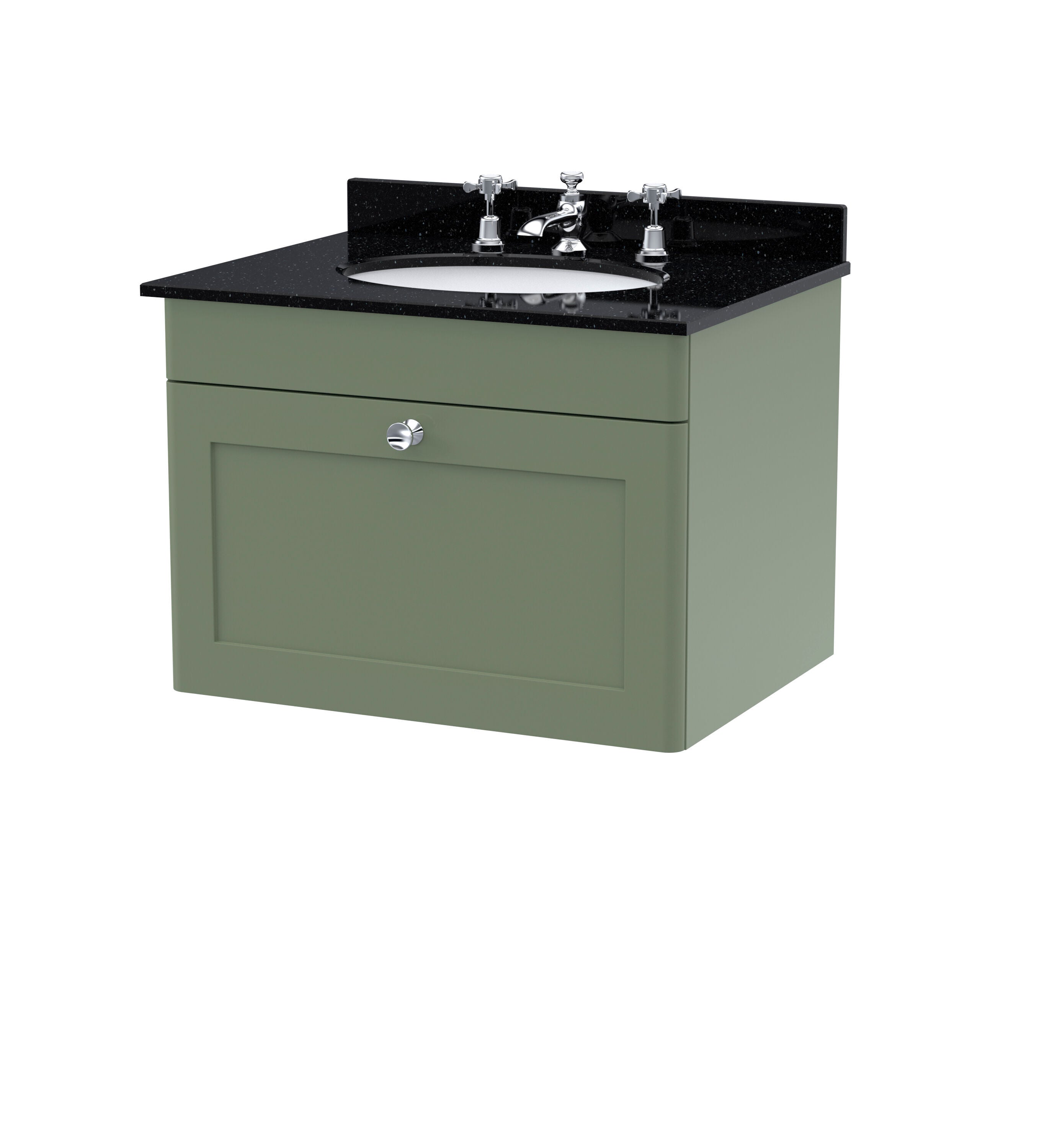 nuie Classique 600mm Satin Green 1 Drawer Wall Hung Vanity Unit With 3 Tap Hole Marble Basin