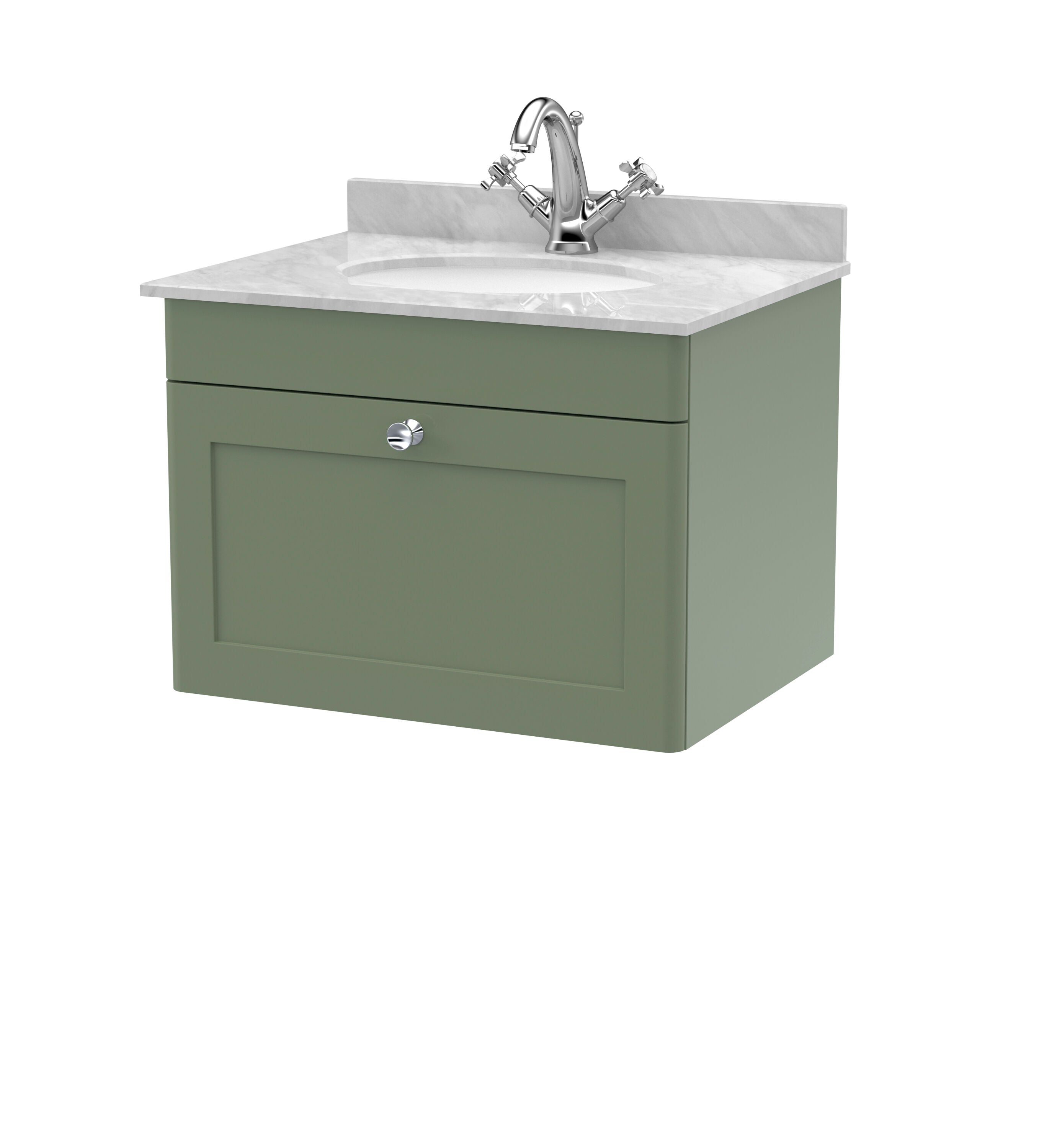 nuie Classique 600mm Satin Green 1 Drawer Wall Hung Vanity Unit With 1 Tap Hole Marble Basin