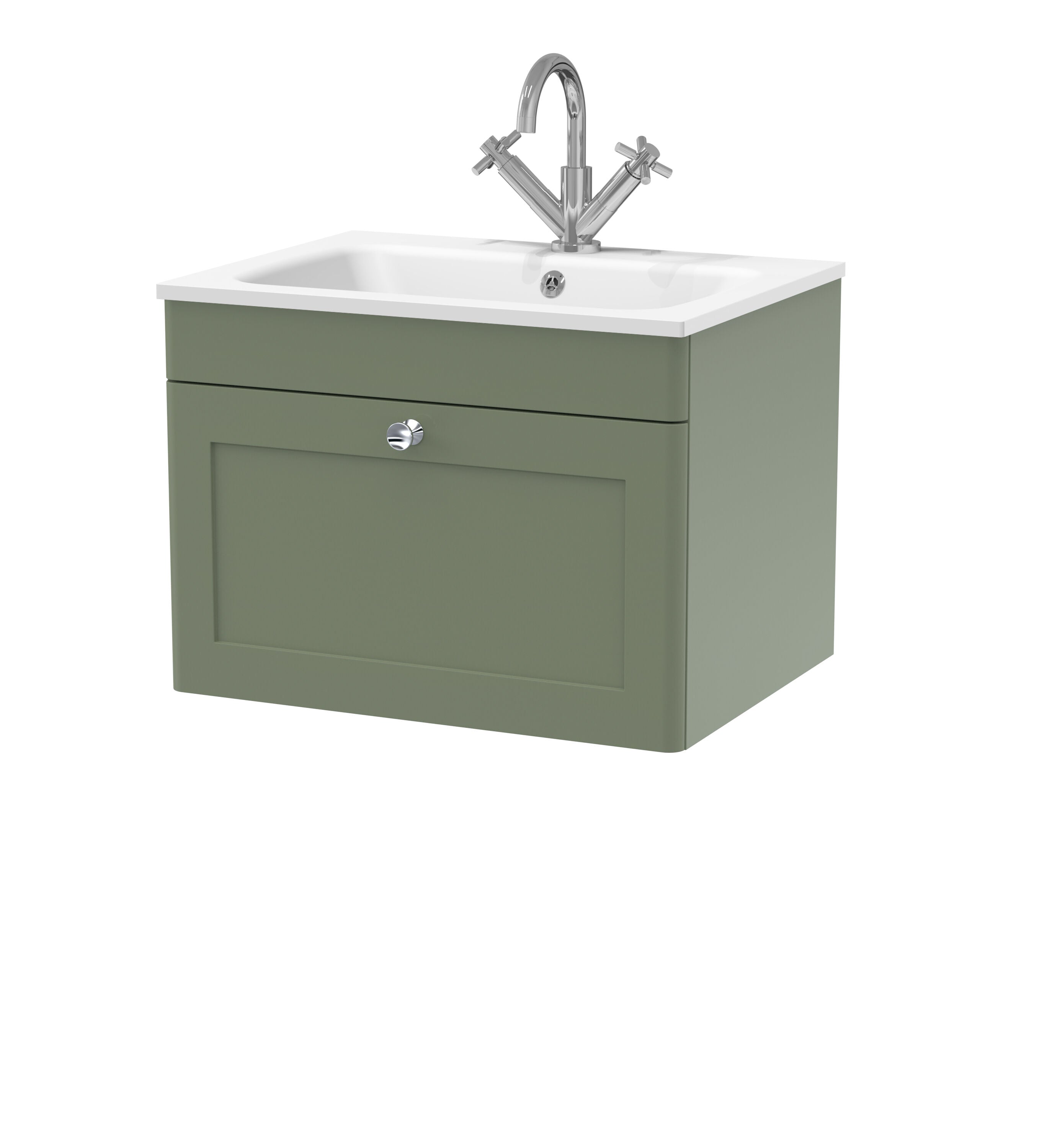 nuie Classique 600mm Satin Green 1 Drawer Wall Hung Vanity Unit With 1 Tap Hole Stone Basin