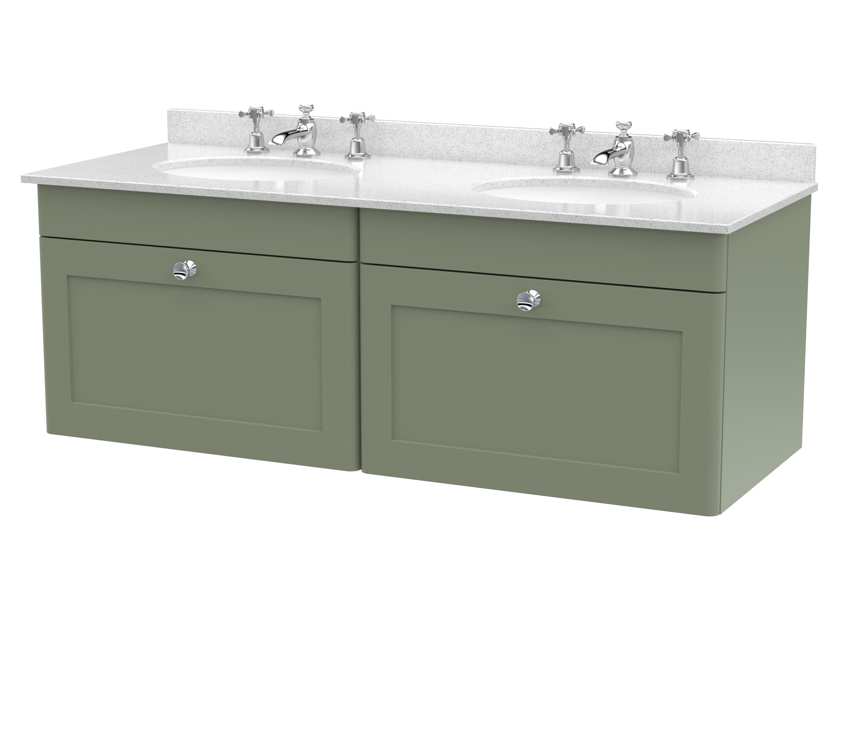 nuie Classique 1200mm Satin Green 2 Drawer Wall Hung Vanity Unit With 6 Tap Hole Marble Basin