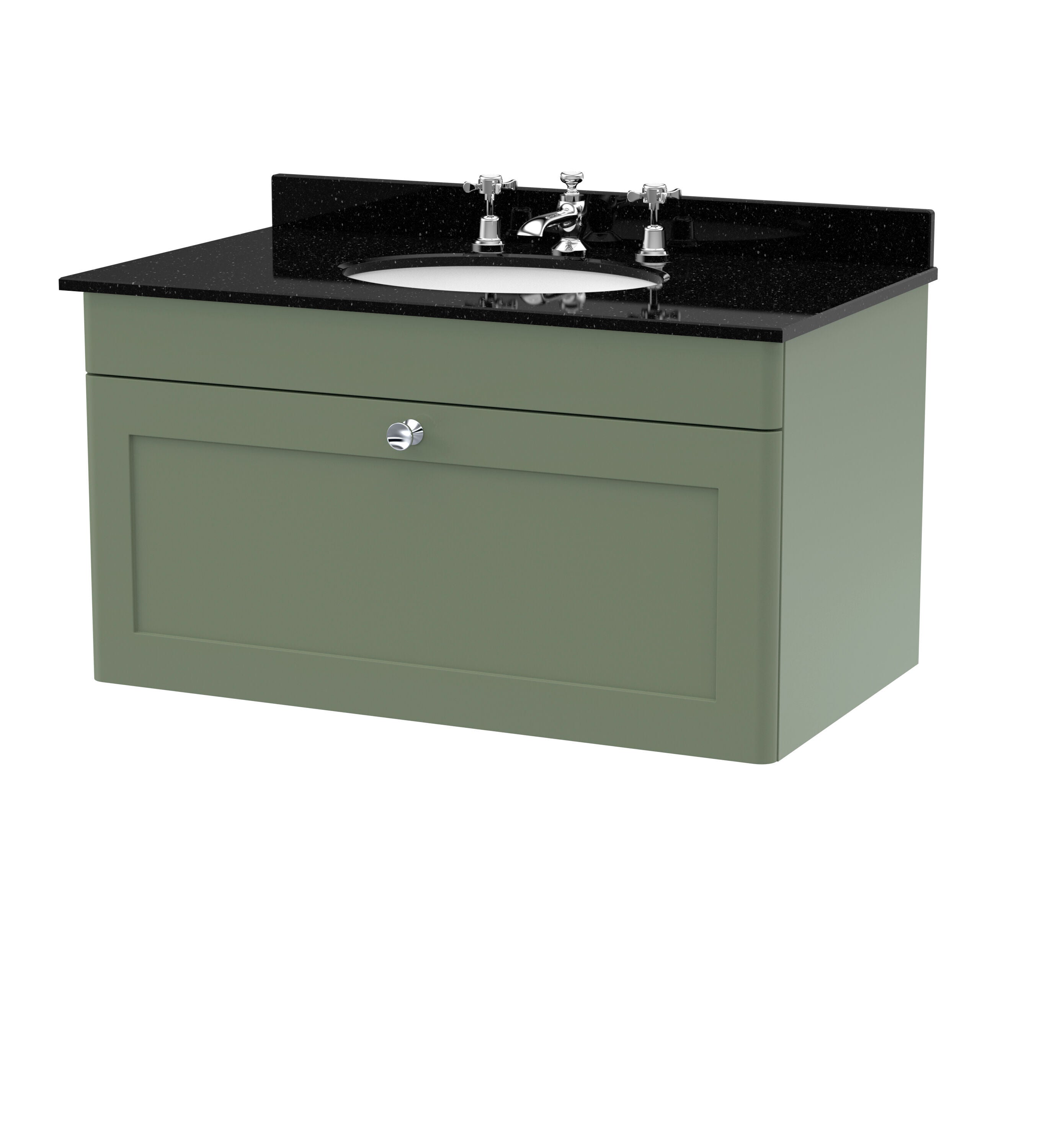 nuie Classique 800mm Satin Green 1 Drawer Wall Hung Vanity Unit With 3 Tap Hole Marble Basin