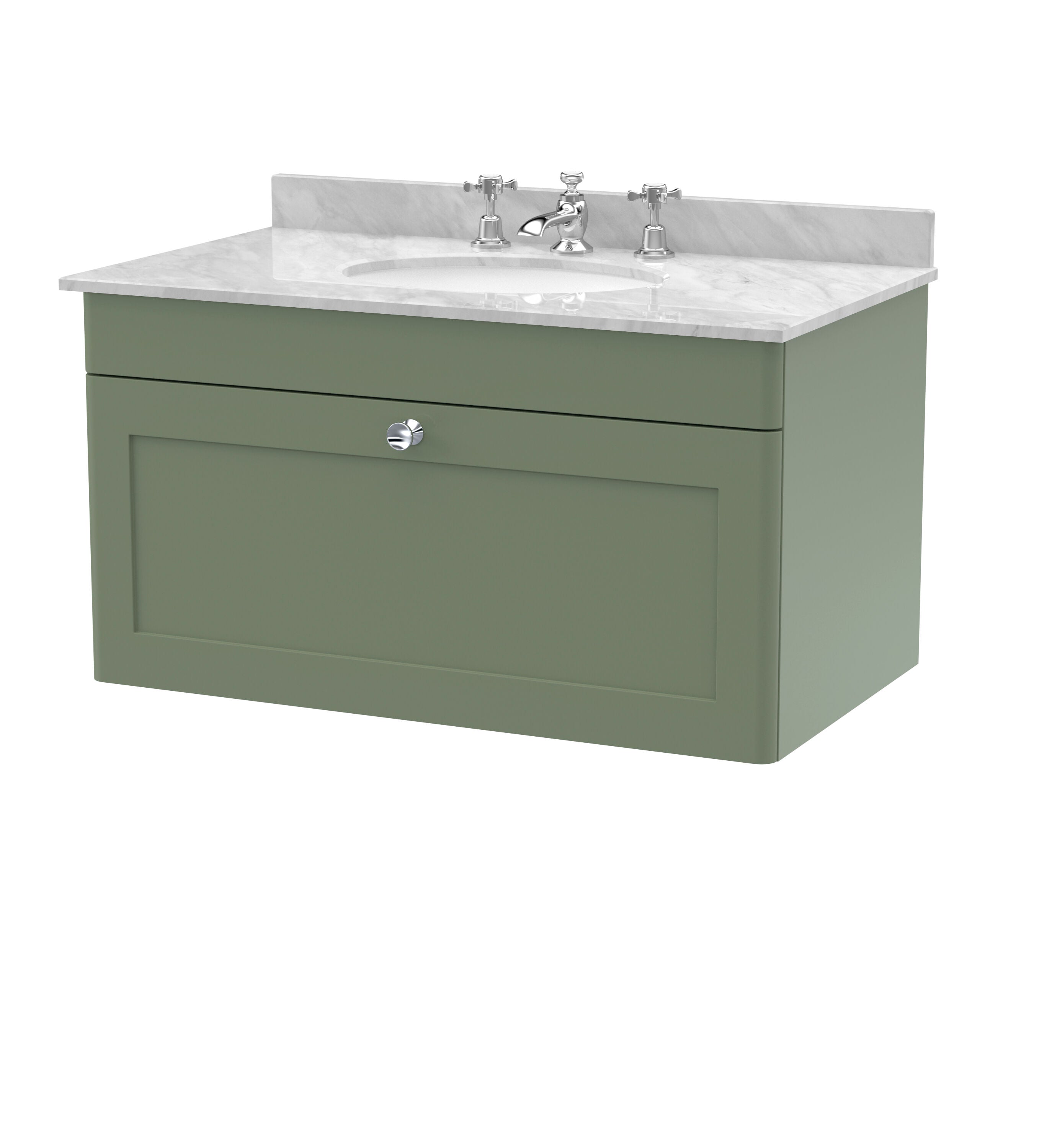nuie Classique 800mm Satin Green 1 Drawer Wall Hung Vanity Unit With 3 Tap Hole Marble Basin