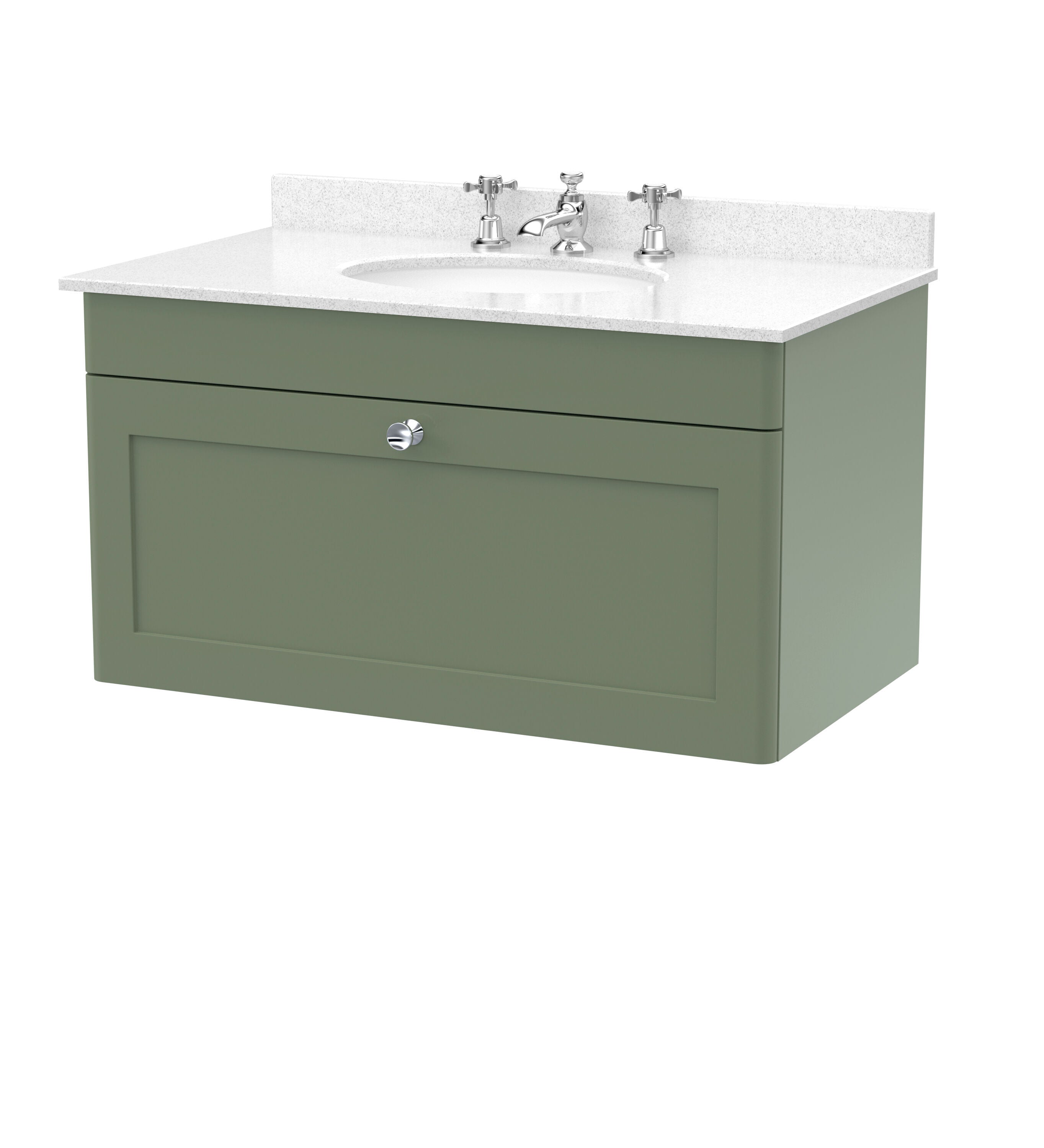 nuie Classique 800mm Satin Green 1 Drawer Wall Hung Vanity Unit With 3 Tap Hole Marble Basin