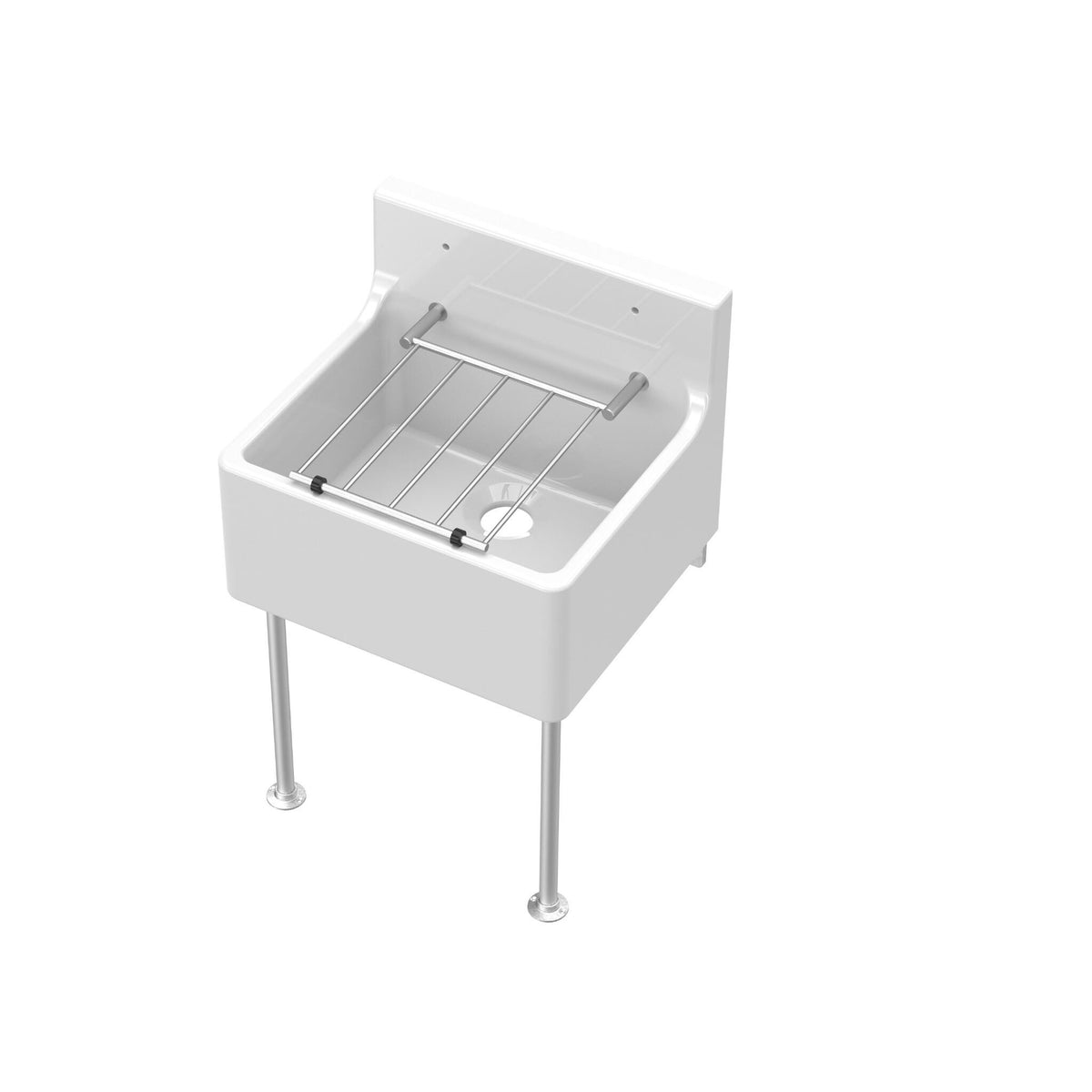 Nuie 455mm x 362mm x 396mm Fireclay Single Bowl Traditional Cleaner Sink With Grid, Legs, Wall Bracket And Backsplash