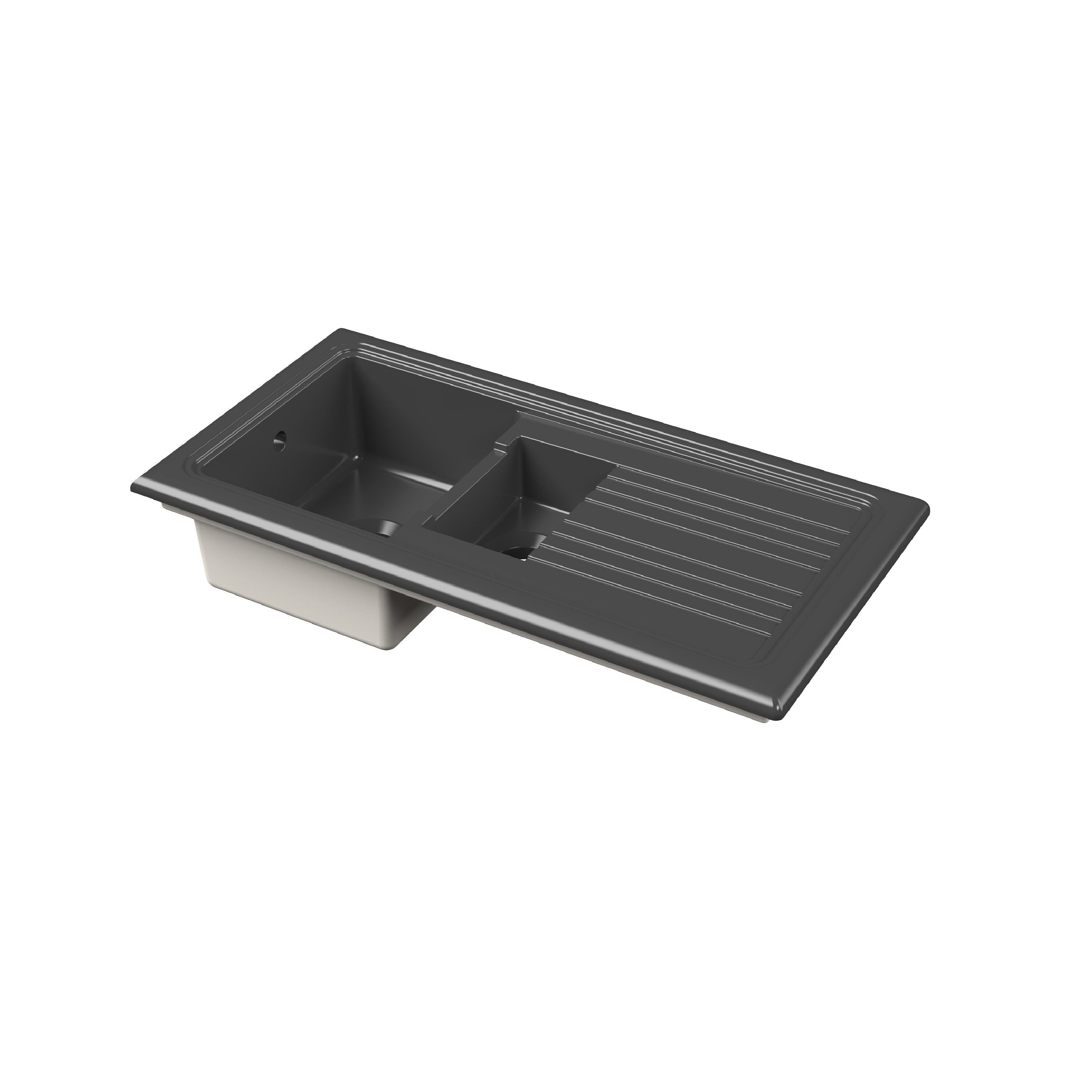nuie 1010mm x 525mm Fireclay Soft Black 1.5 Bowl Rectangular Countertop Drainer Sink