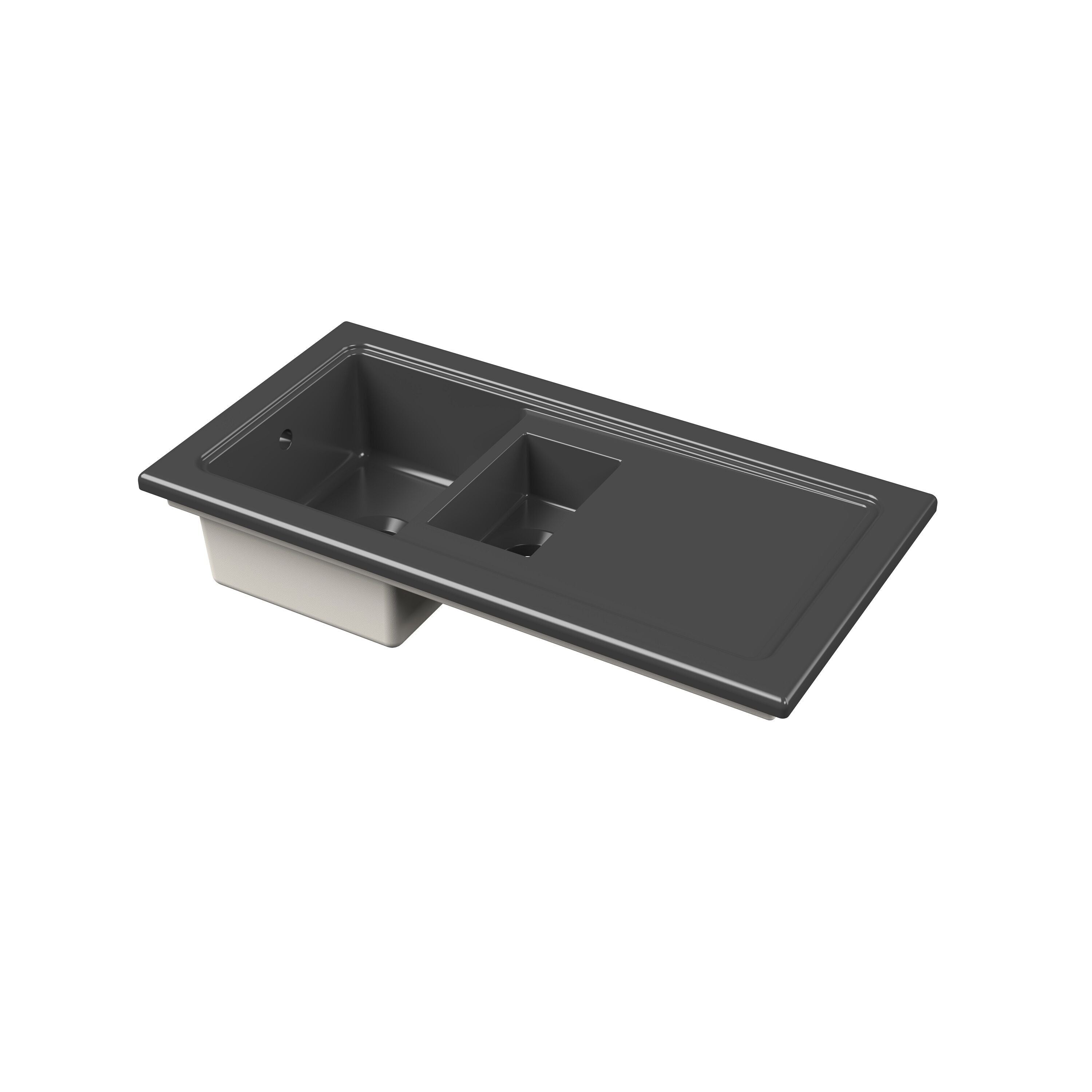 nuie 1010mm x 525mm Fireclay Soft Black 1.5 Bowl Rectangular Countertop Drainer Sink