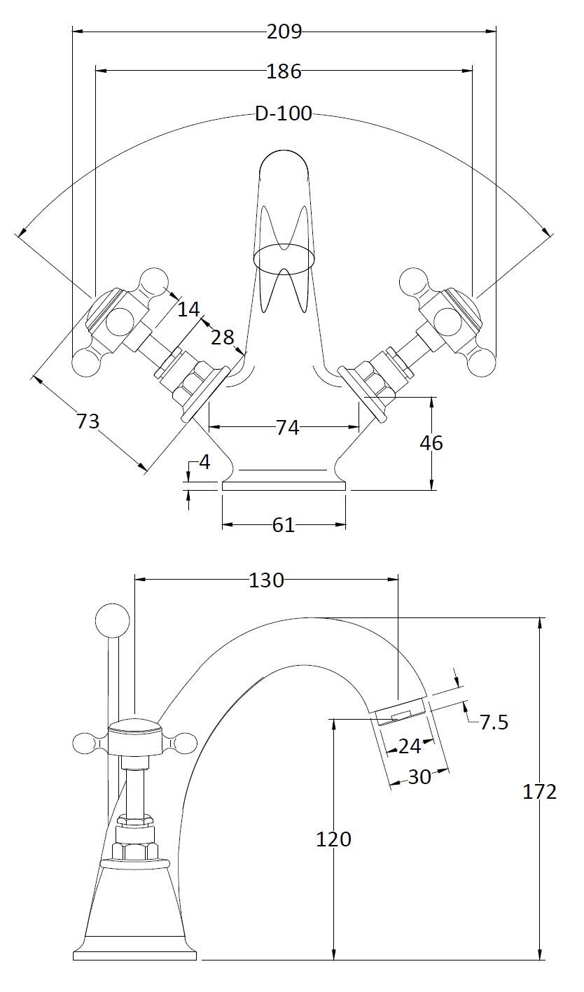 BC Sanitan Deck Mounted Crosshead Mono Chrome Basin Mixer Tap - Technical drawing