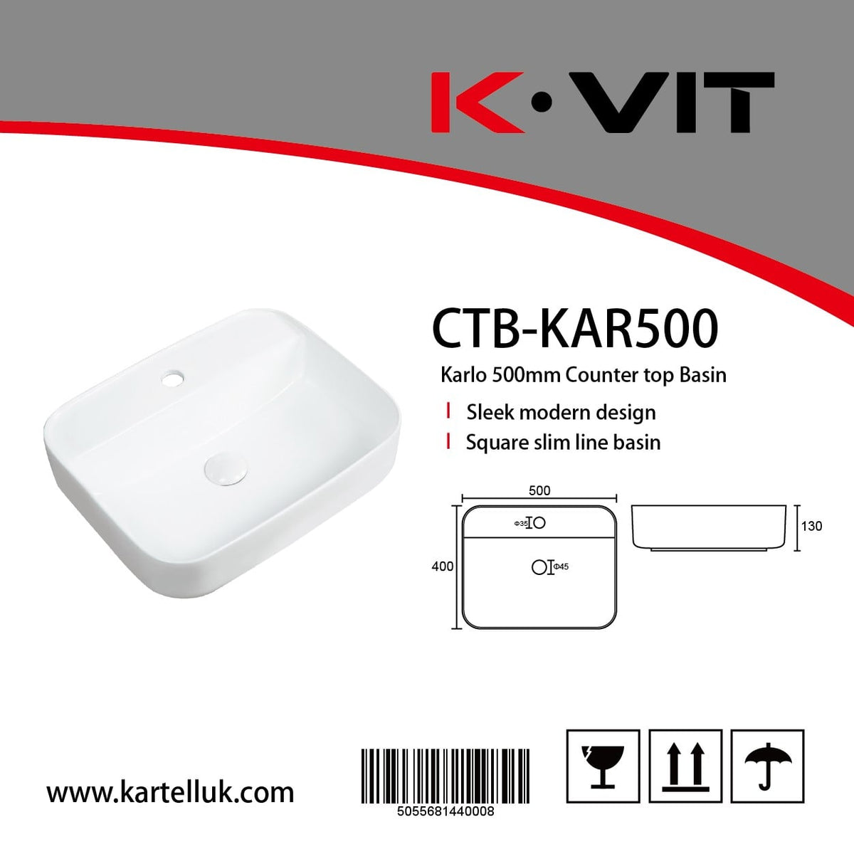 Karlo 500mm Counter top Basin - CTB-KAR500 - CTB-KAR500 2
