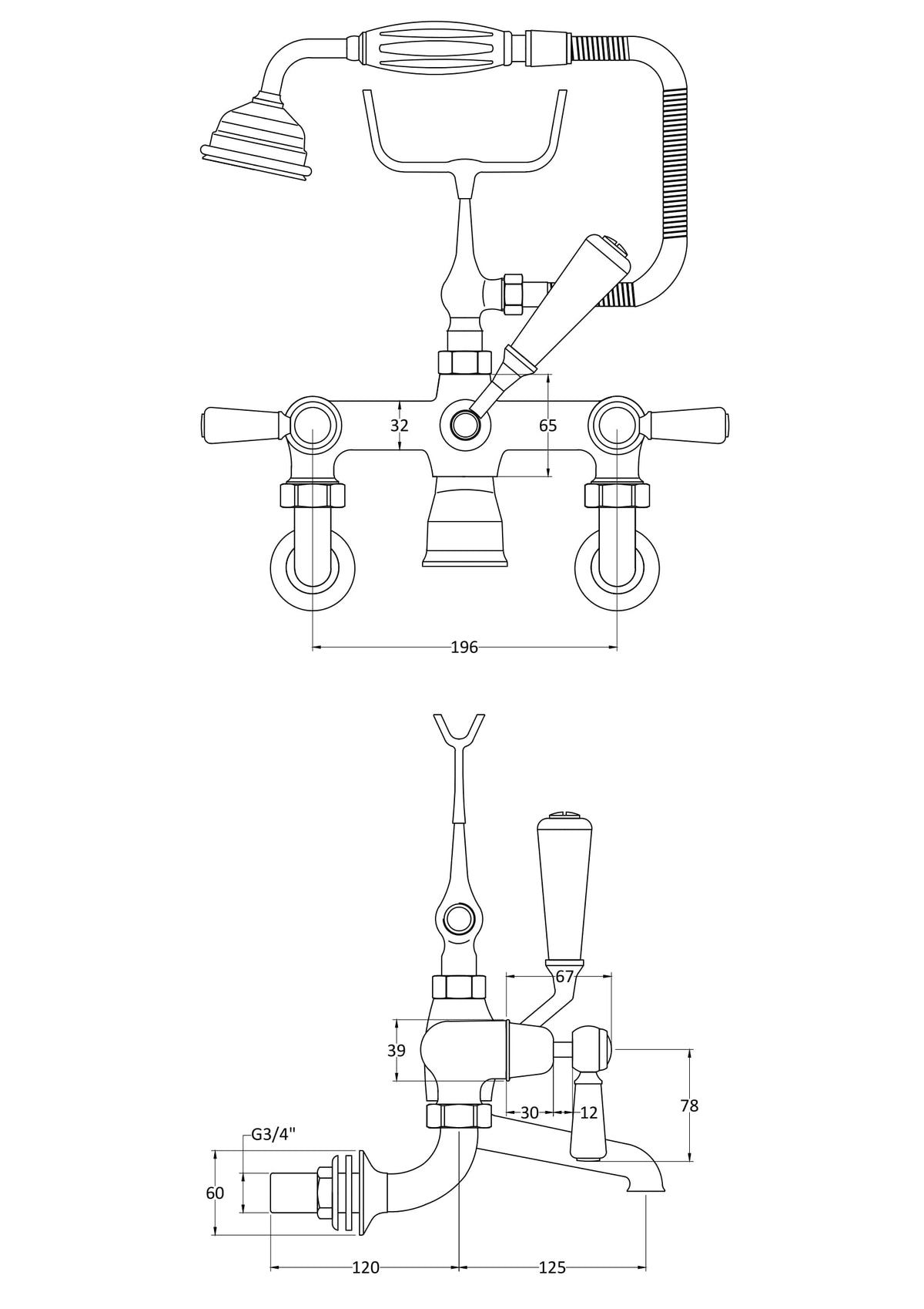 BC Sanitan Chrome Wall Mounted Lever Bath Shower Mixer - Technical drawing