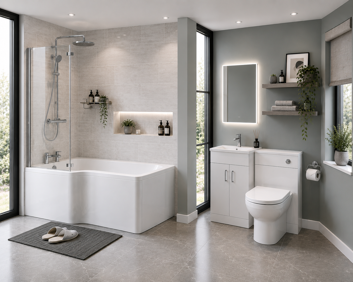 Modern Chrome L-Shaped Shower Bath Package