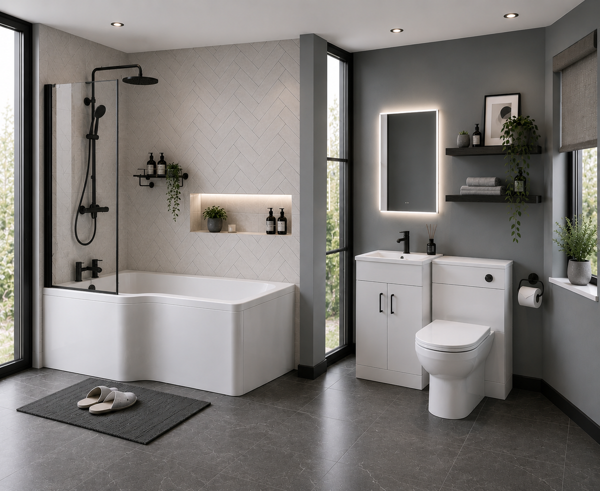 Modern Matt Black L-Shaped Shower Bath Package