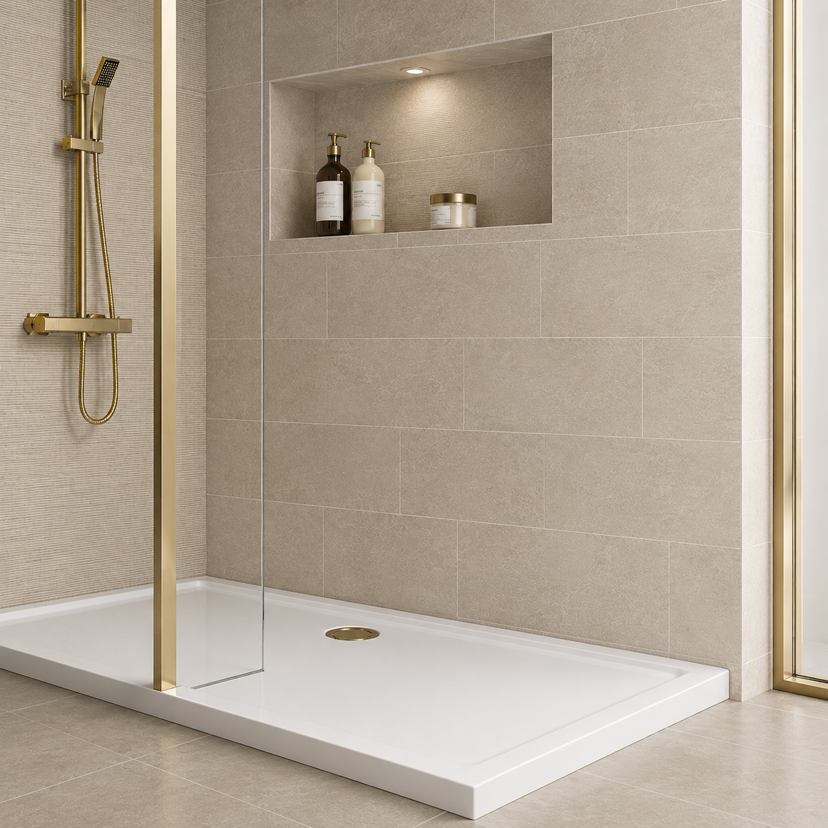 Brushed Brass 1400mm x 700mm Walk-In Shower with Screen & Shower Tray