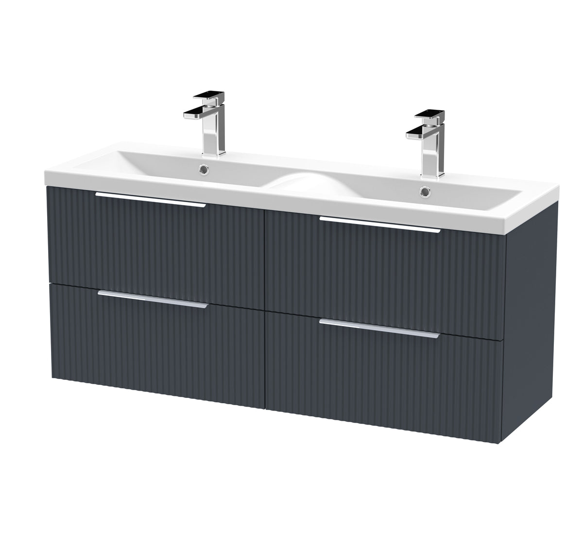 Hudson Reed Fluted 1200mm 4 Drawer Wall Hung Vanity Unit With 2 Tap Hole Ceramic Basin