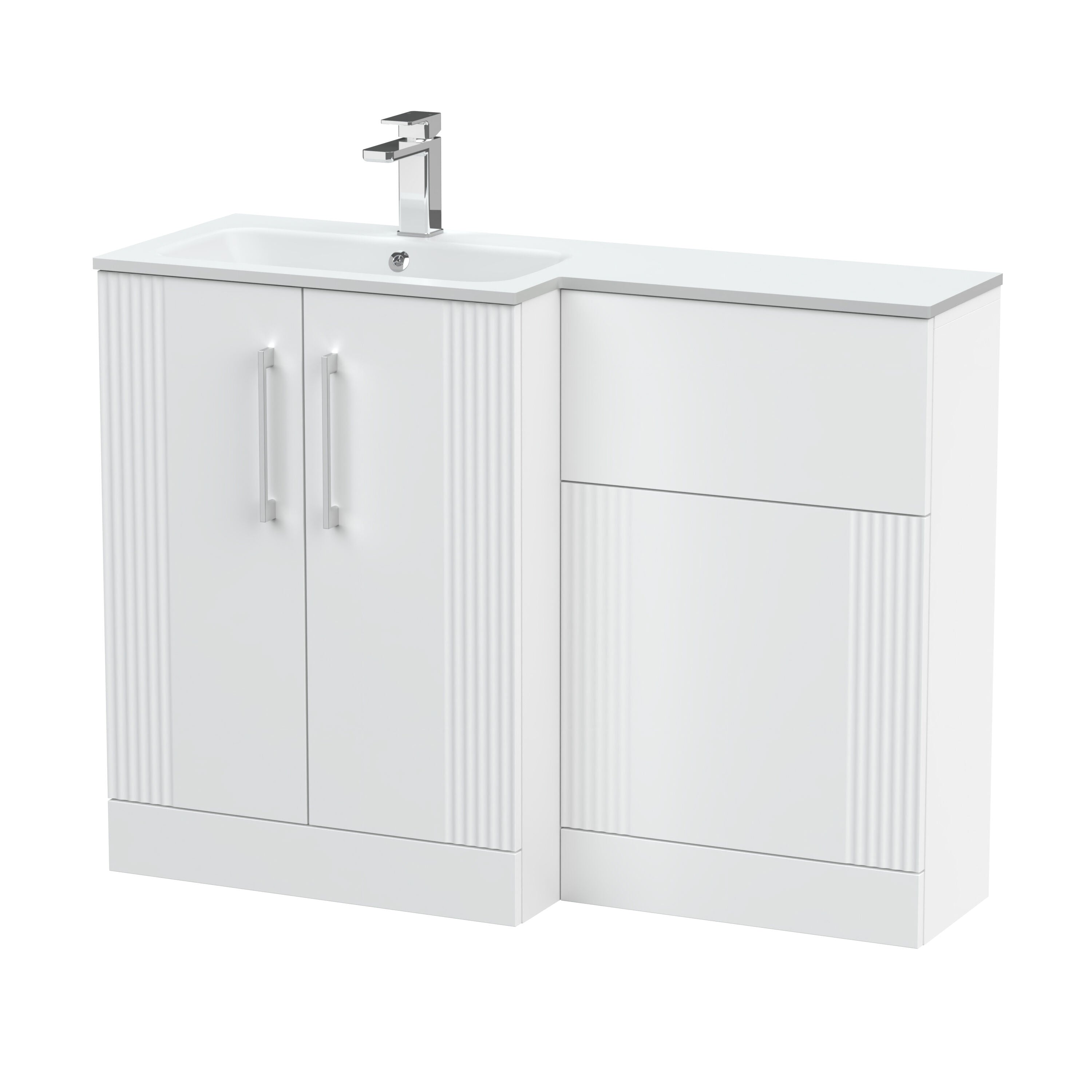 nuie Deco 1100mm Left-Hand 2 Door Satin White Floor Standing Combination Unit With Stone Basin