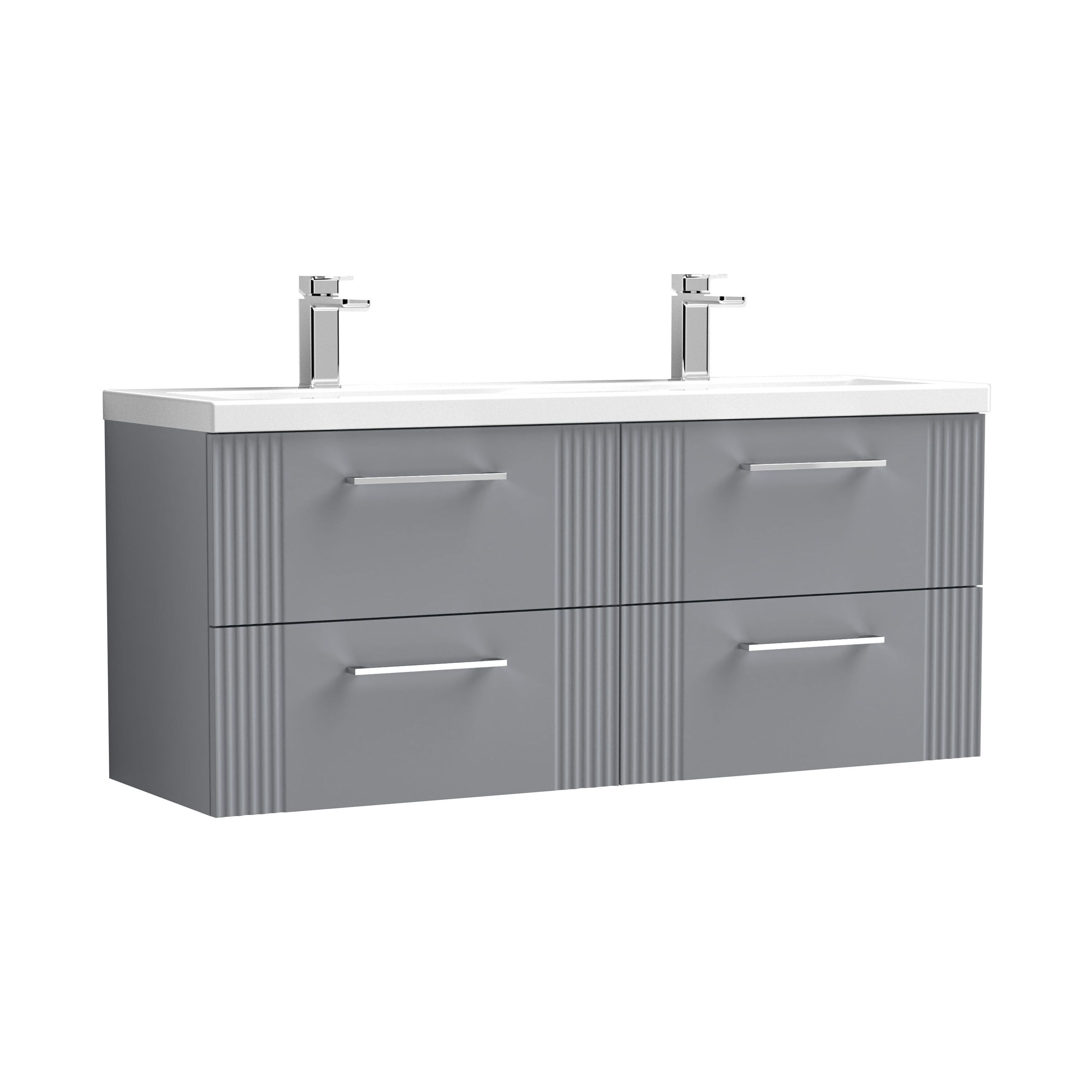 nuie Deco 1200mm Satin Grey 4 Drawer Wall Hung Vanity Unit With 2 Tap Hole Ceramic Basin