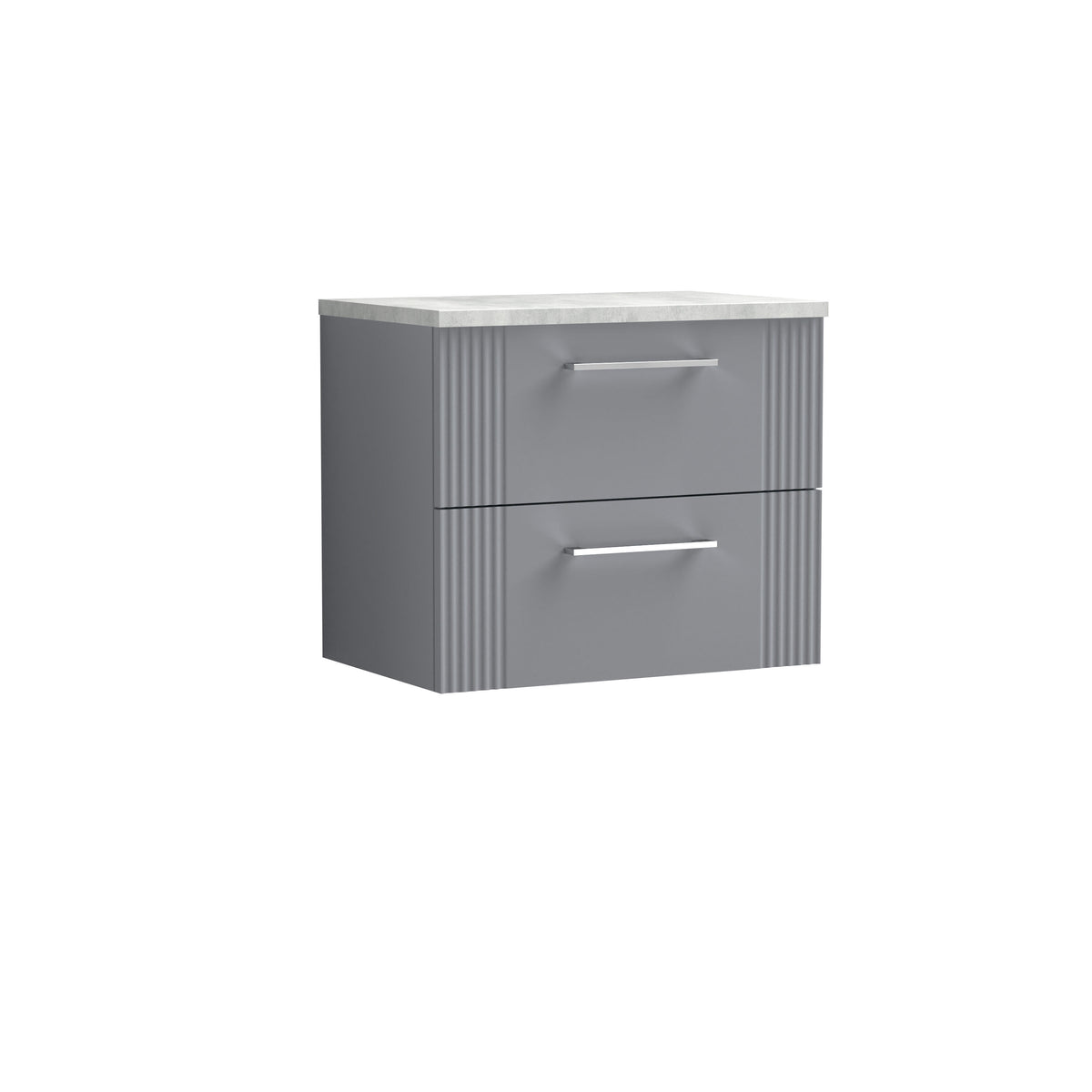 Nuie 600mm Part Fluted 2 Drawer Wall Hung Vanity Unit With Bellato Grey Worktop