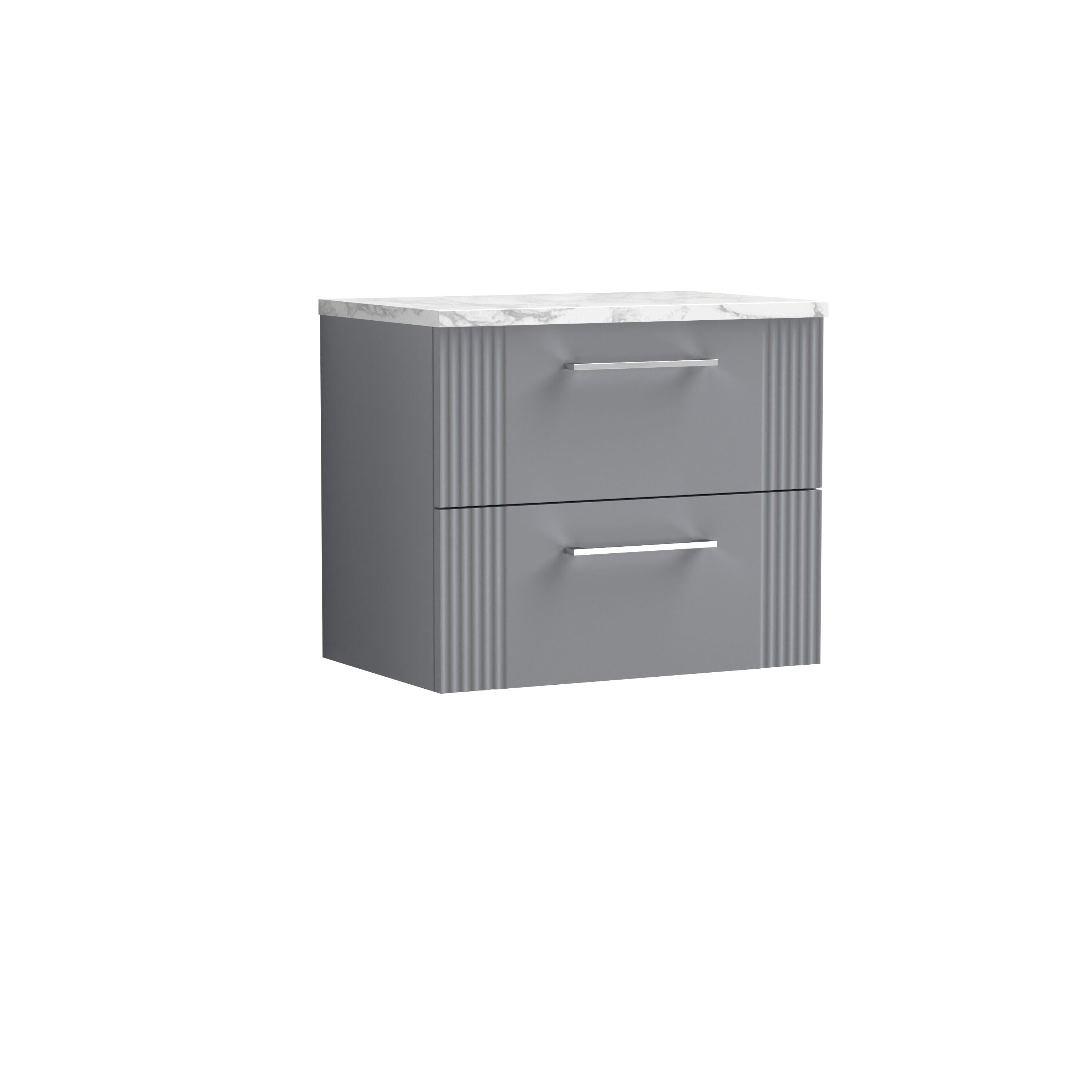 nuie Deco 600mm Satin Grey 2 Drawer Wall Hung Vanity Unit With Carrara Laminate Worktop