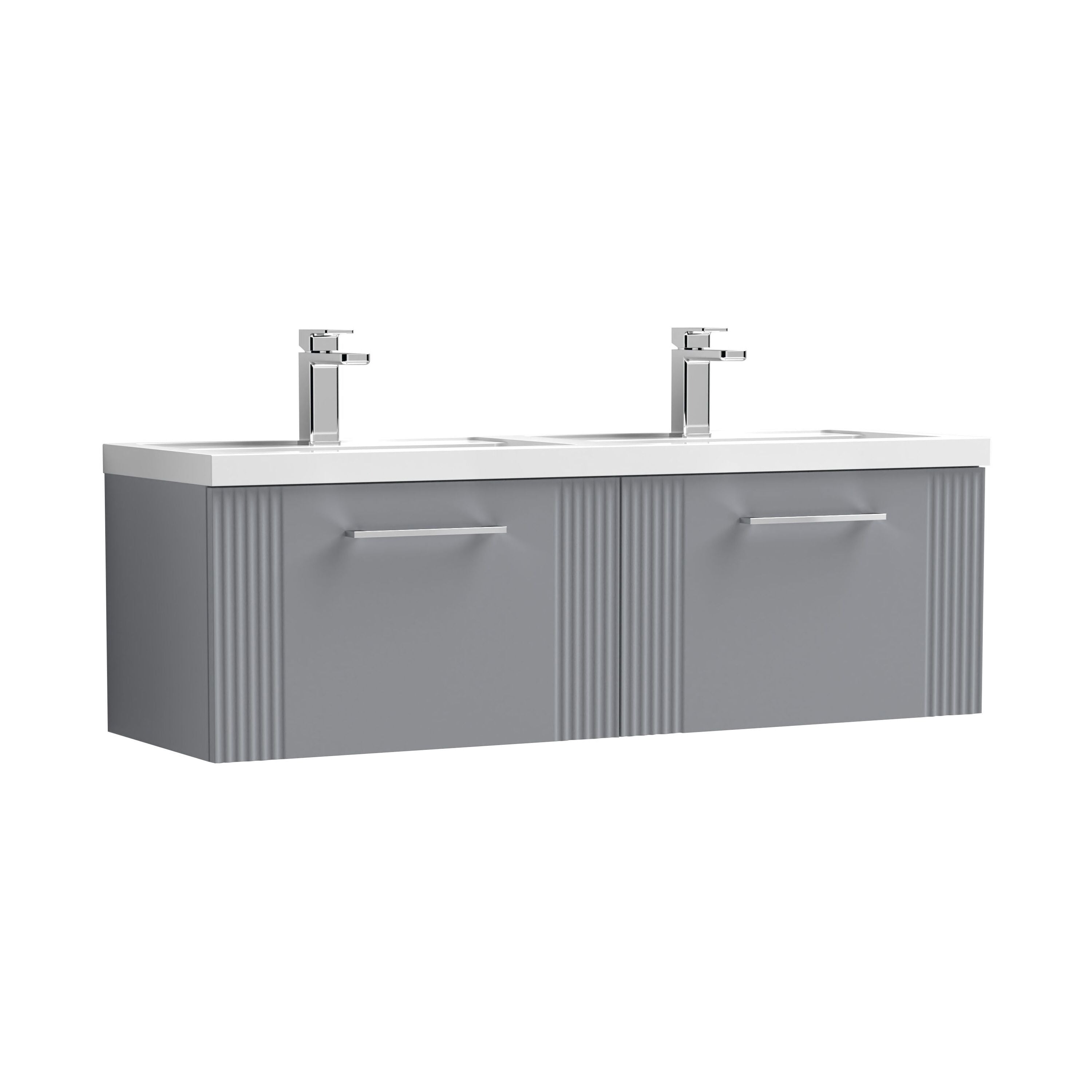 nuie Deco 1200mm Satin Grey 2 Drawer Wall Hung Vanity Unit With 2 Tap Hole Polymarble basin