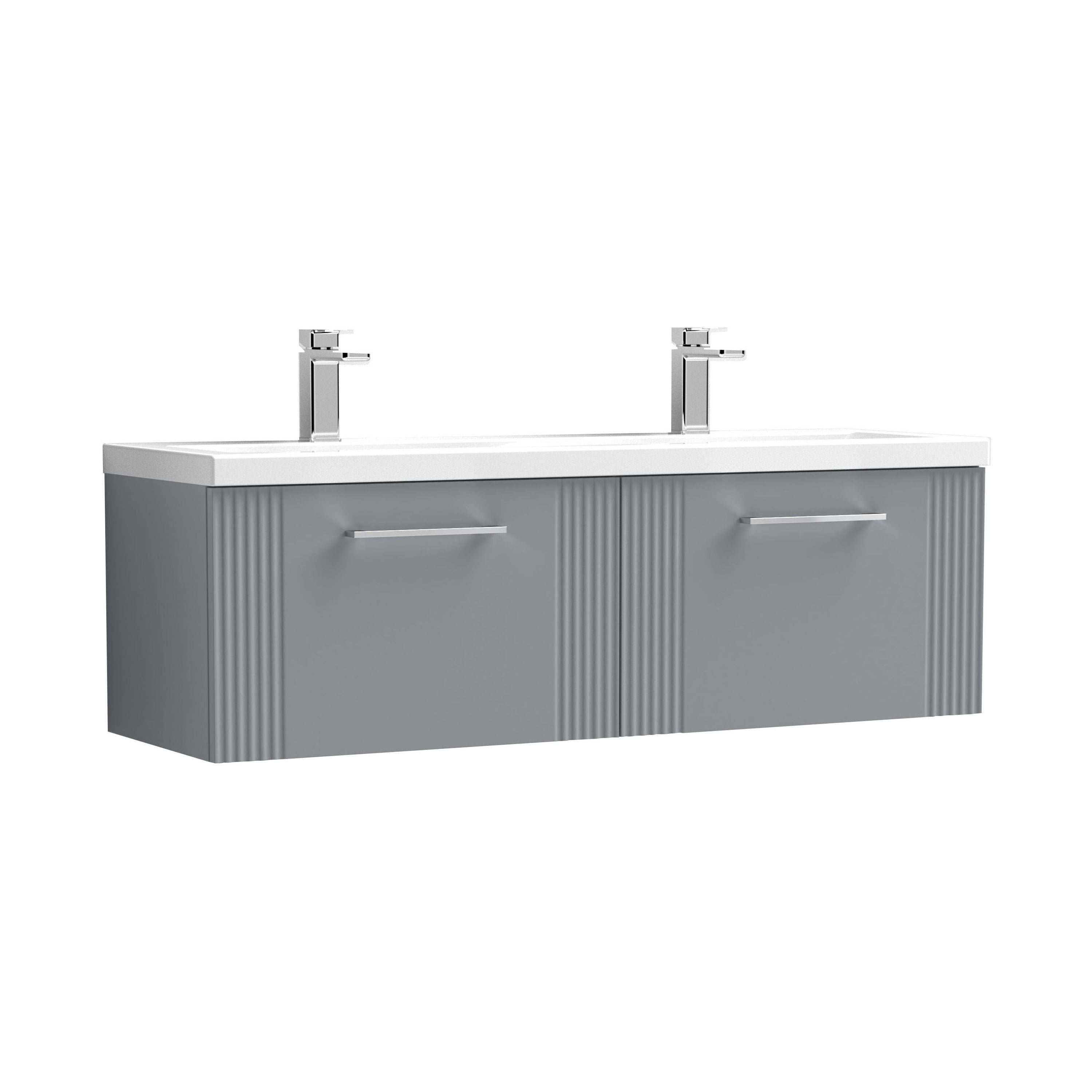 nuie Deco 1200mm Satin Grey 2 Drawer Wall Hung Vanity Unit With 2 Tap Hole Ceramic Basin